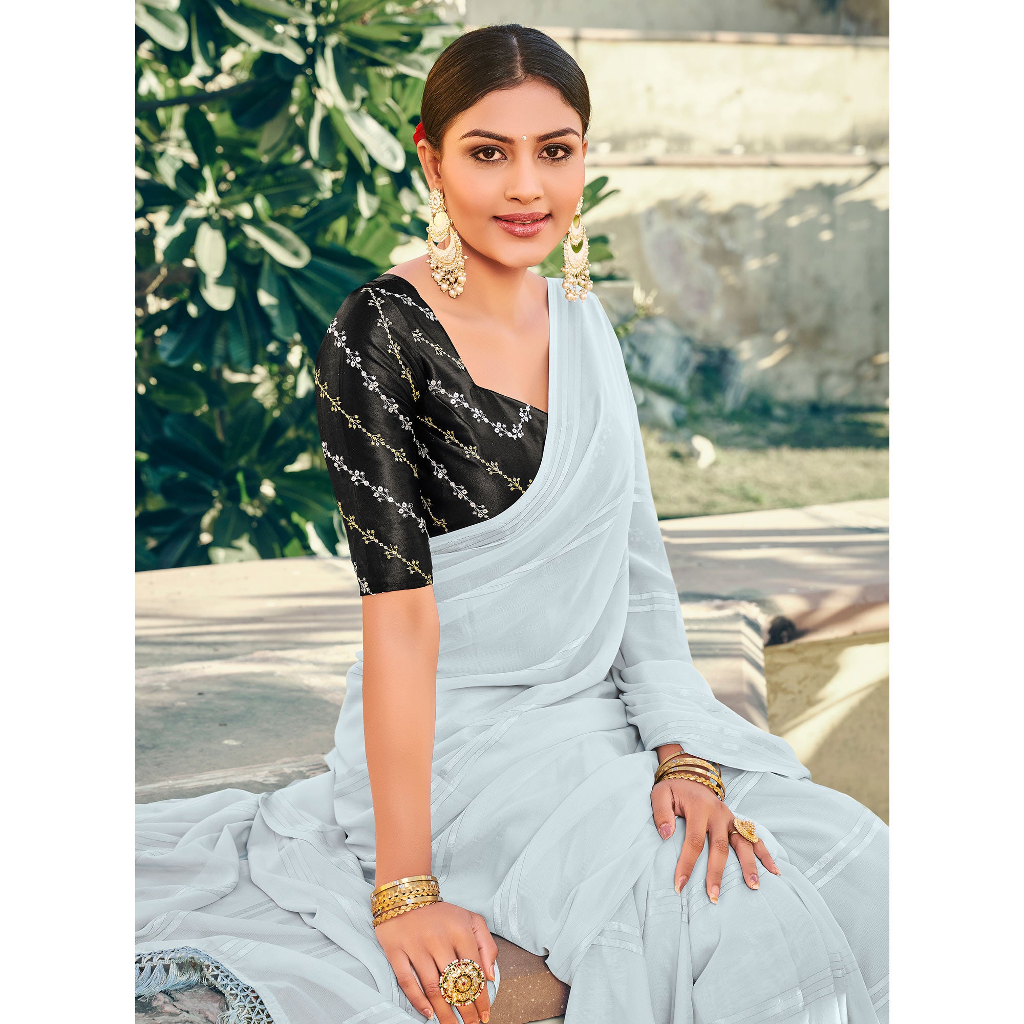 Light Grey Printed Georgette Saree With Tassels