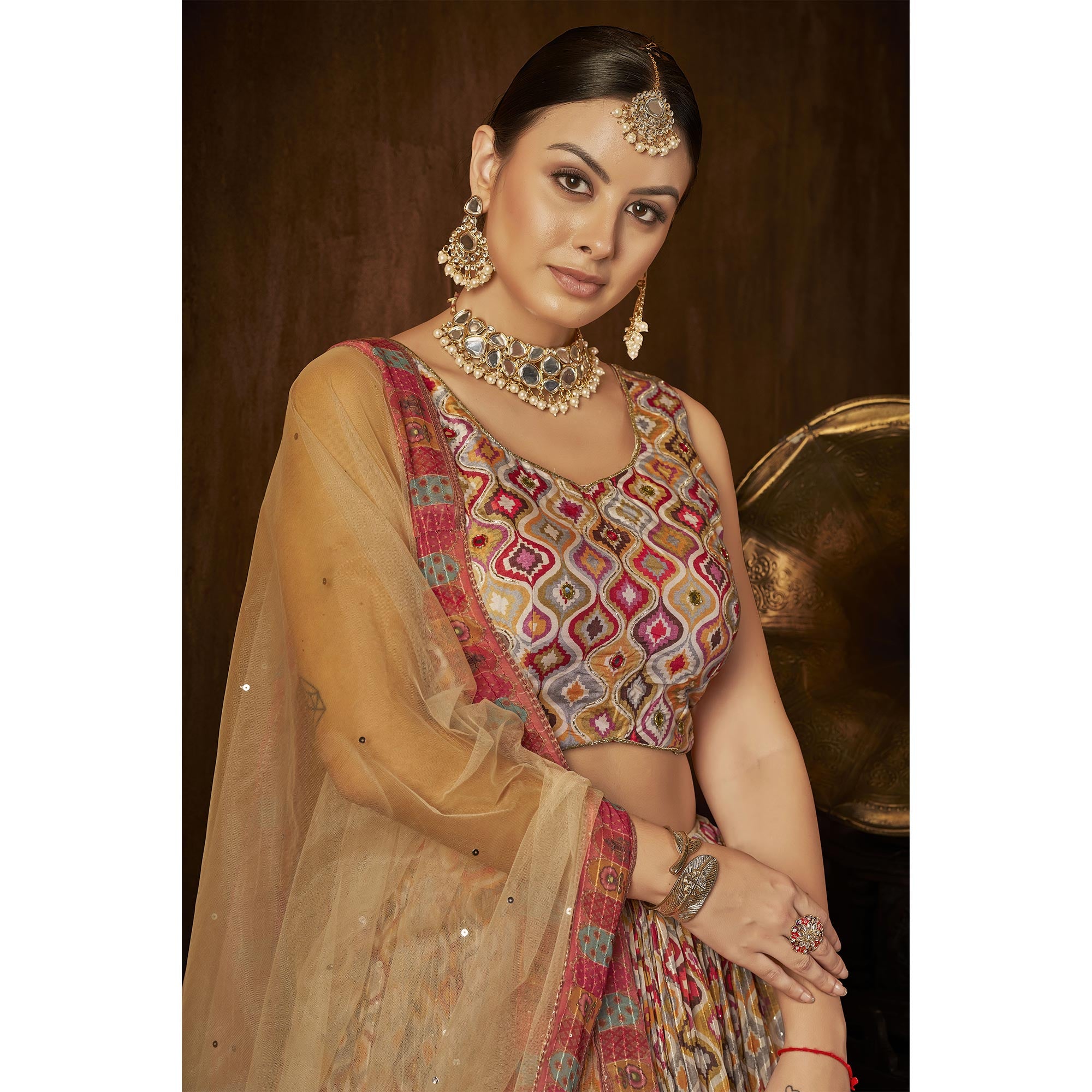 Beige Printed With Sequins Work Georgette Lehenga Choli