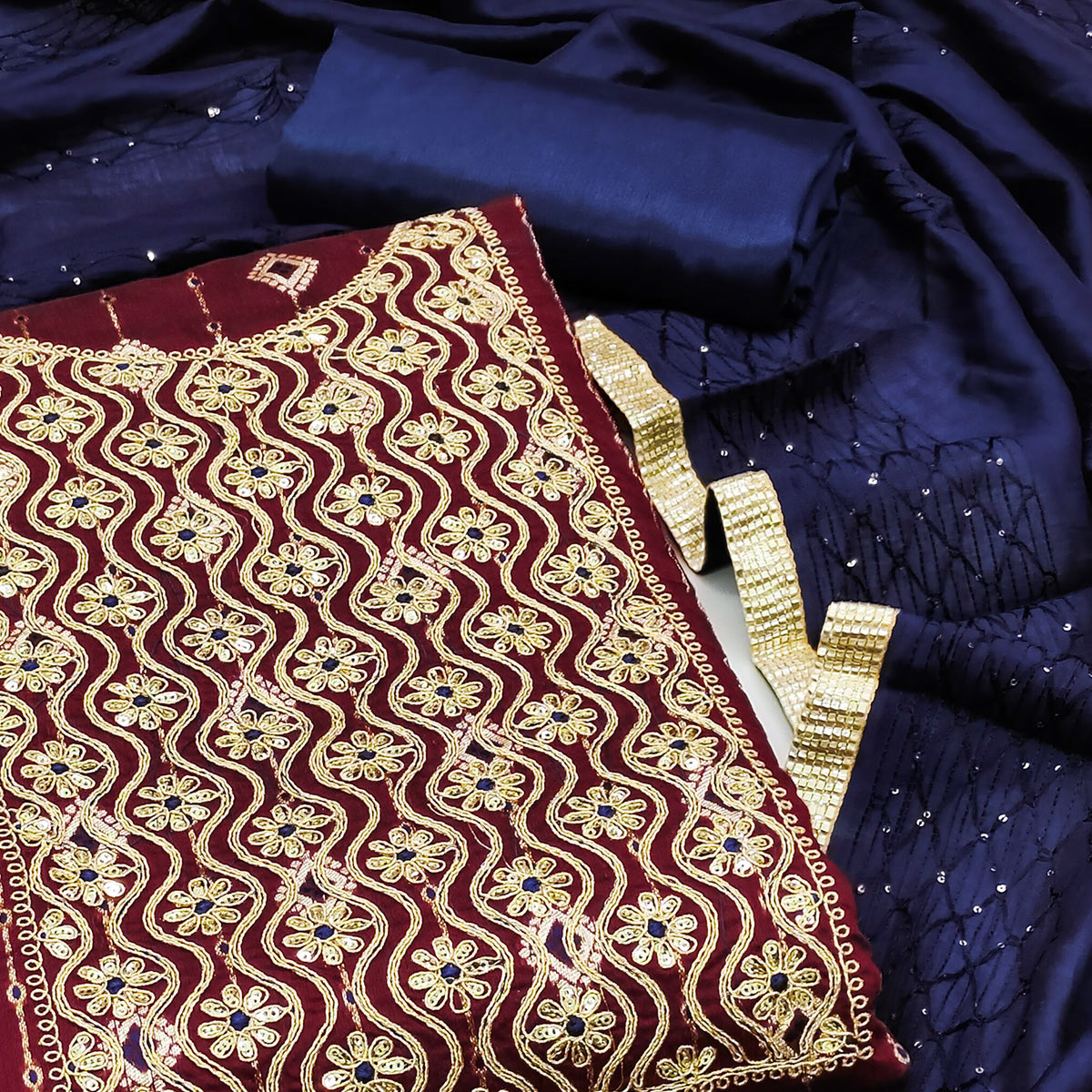 Maroon Woven With Embroidered Modal Dress Material