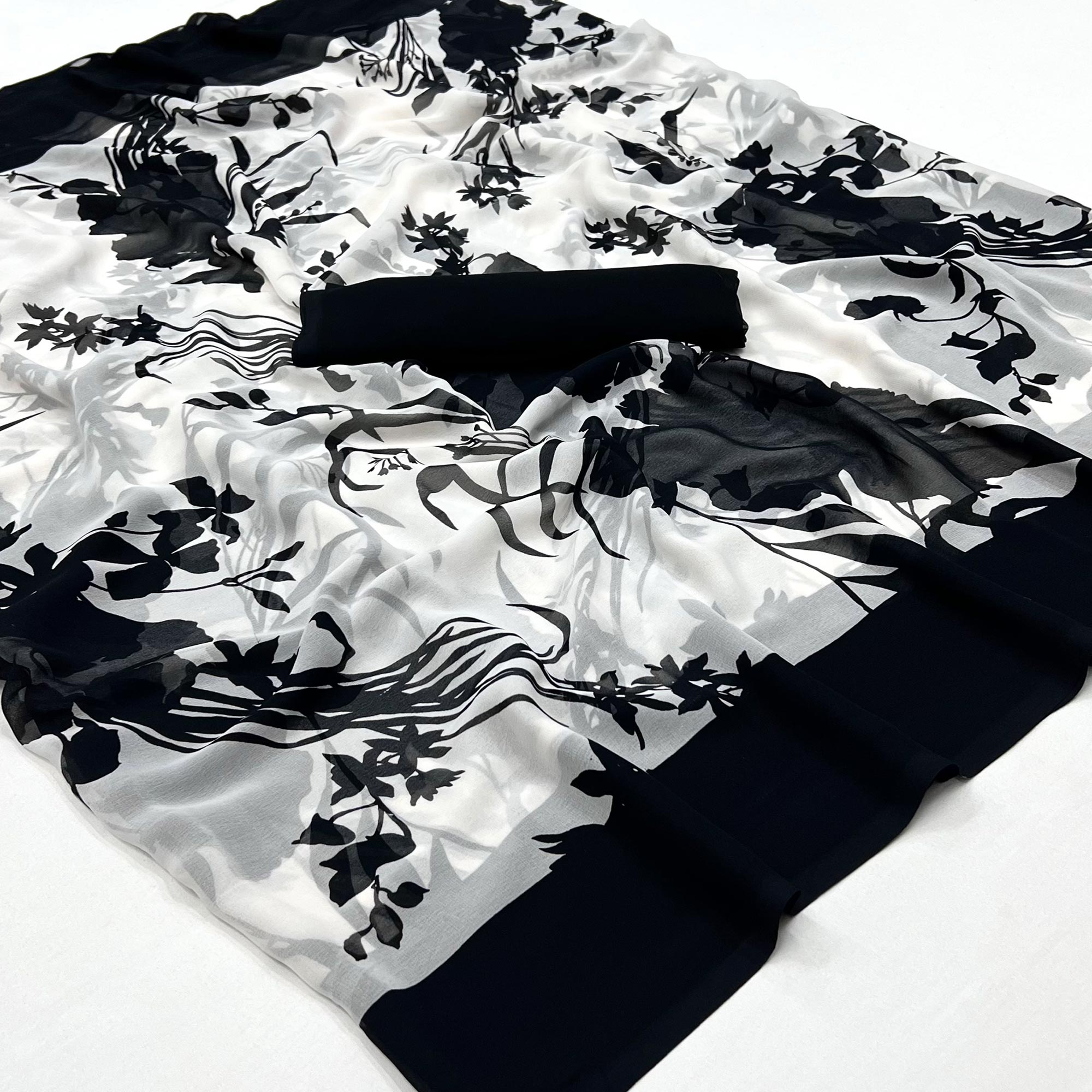 White And Black Floral Printed Georgette Saree