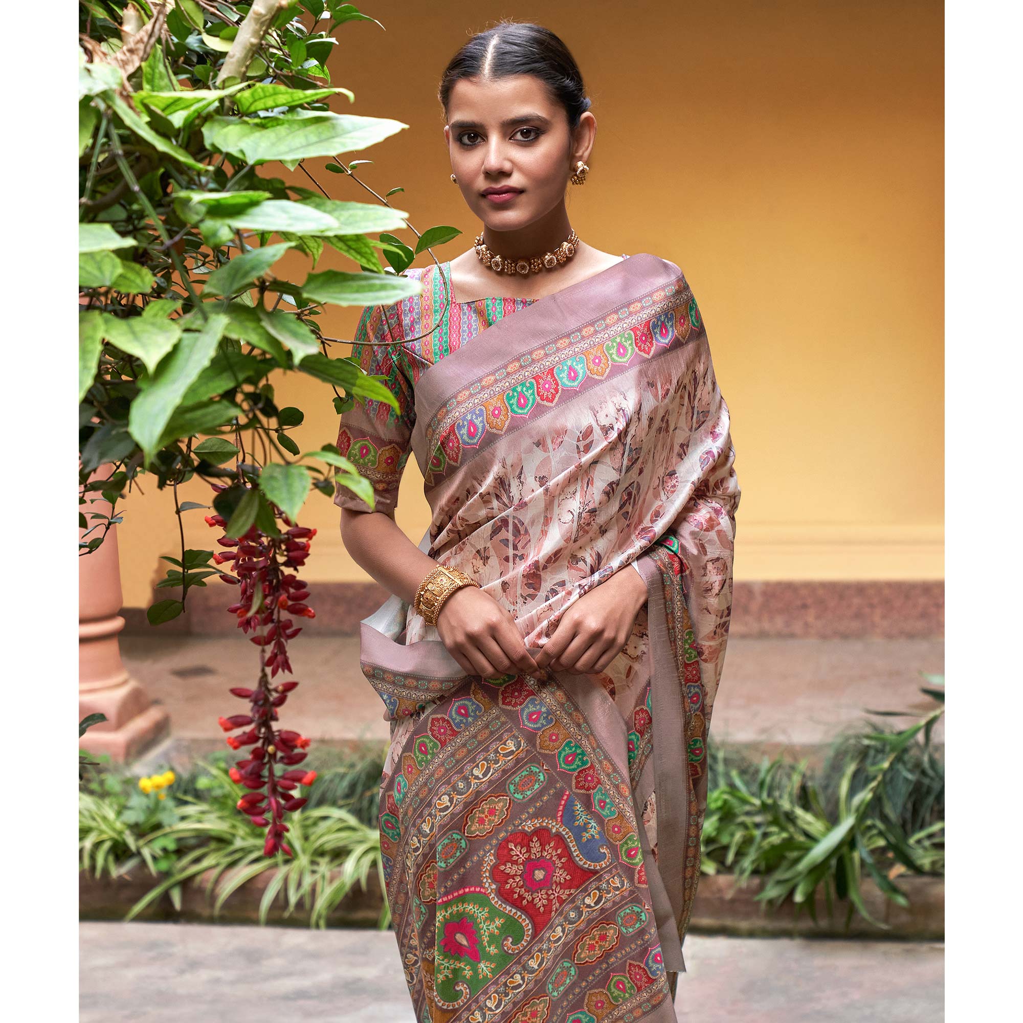 Brown Digital Printed Satin Saree