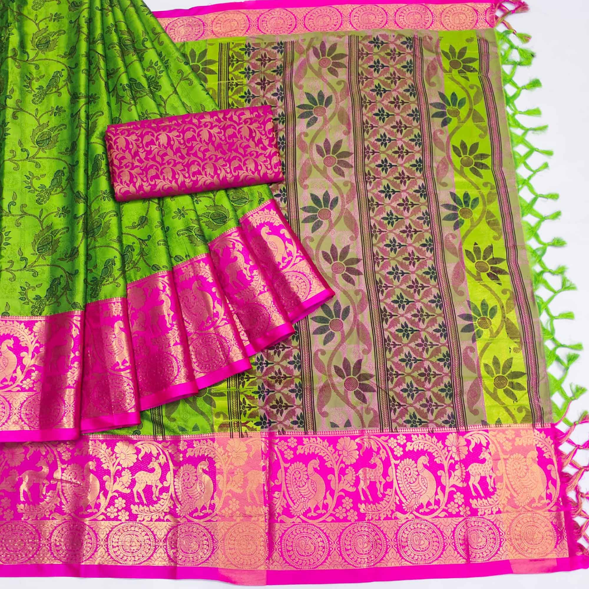 Parrot Green Printed With Woven Border Cotton Silk Saree