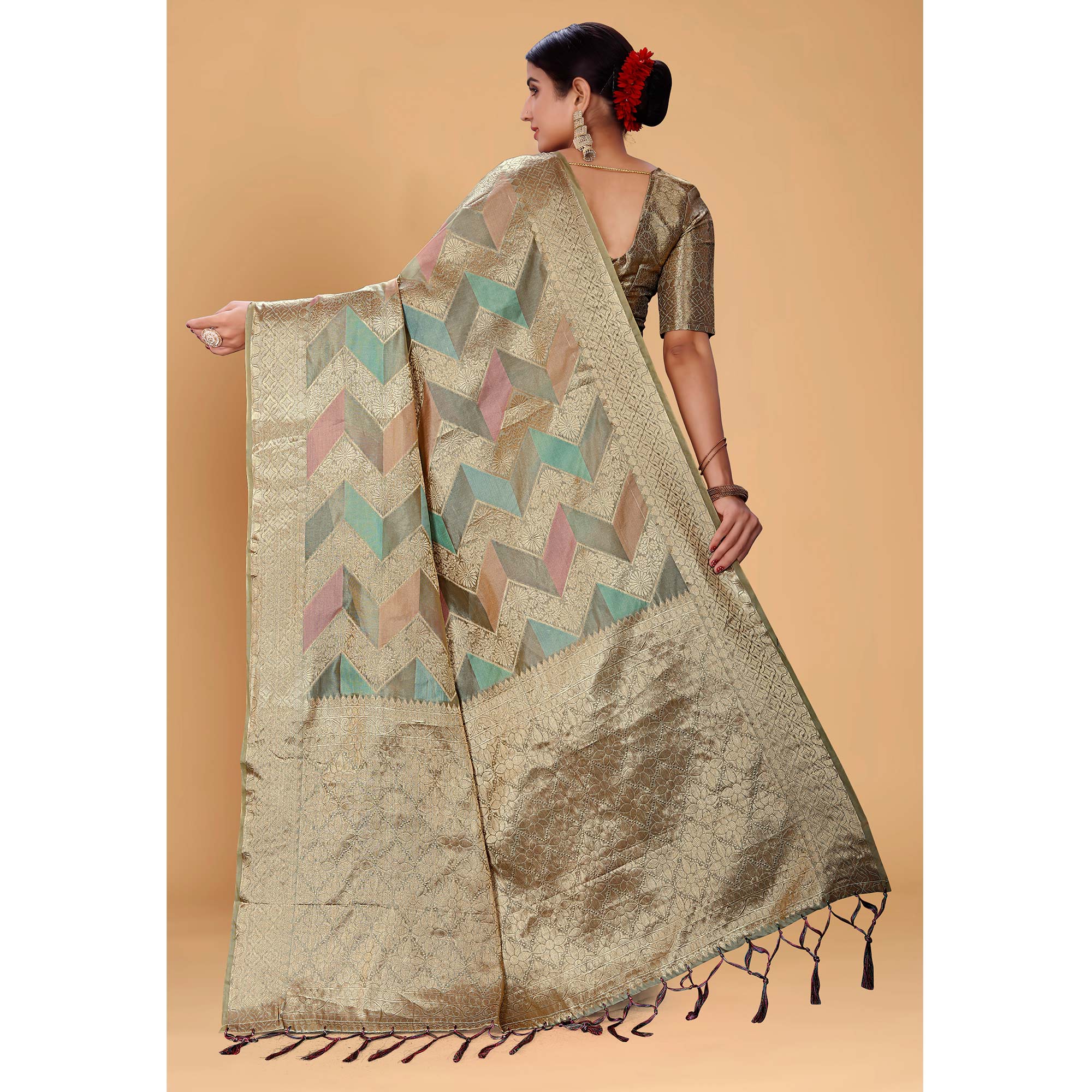 Grey Woven Organza Saree With Tassels