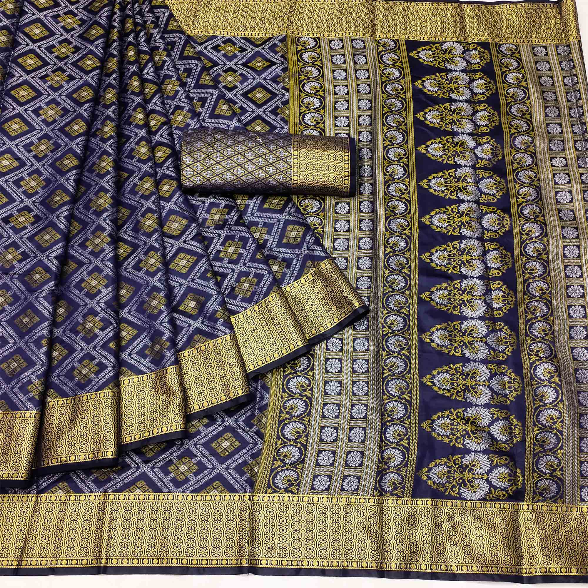 Navy Blue Bandhani Woven Banarasi Silk Saree