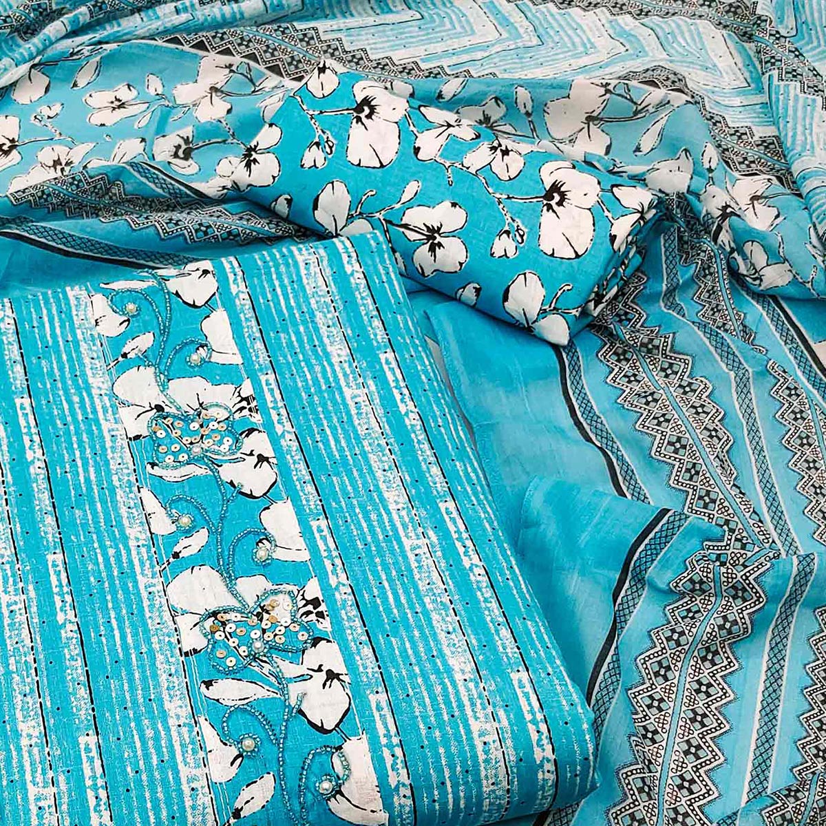 Blue Printed Cotton Dress Material