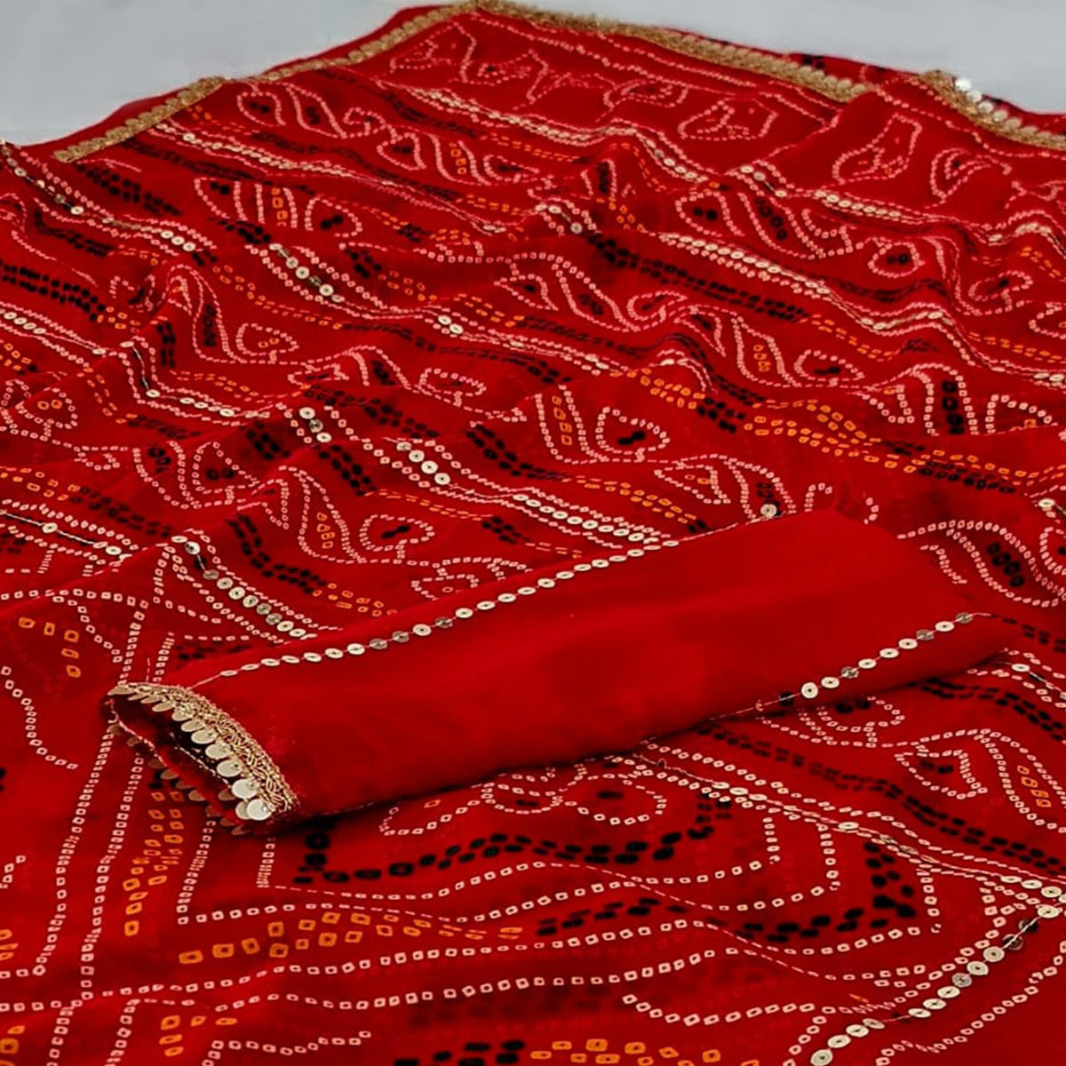 Red Bandhani Printed With Sequins Work Georgette Saree