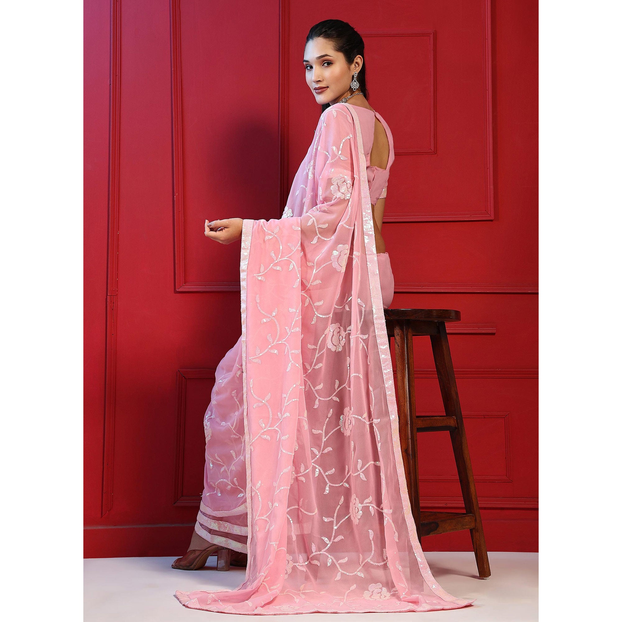 Pink Sequins Embroidered Georgette Saree