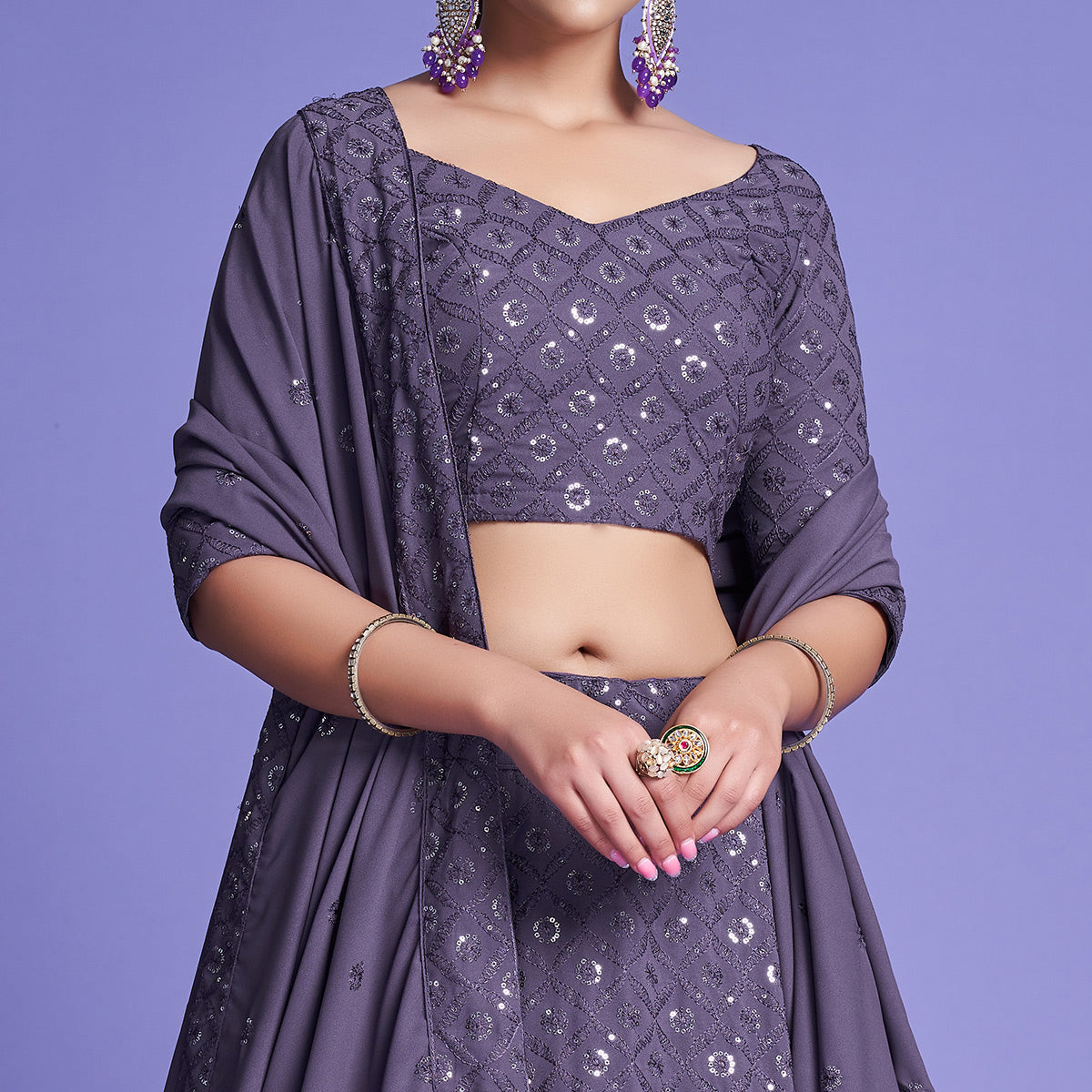 Purple Sequins Embroidered Georgette Lehenga Choli