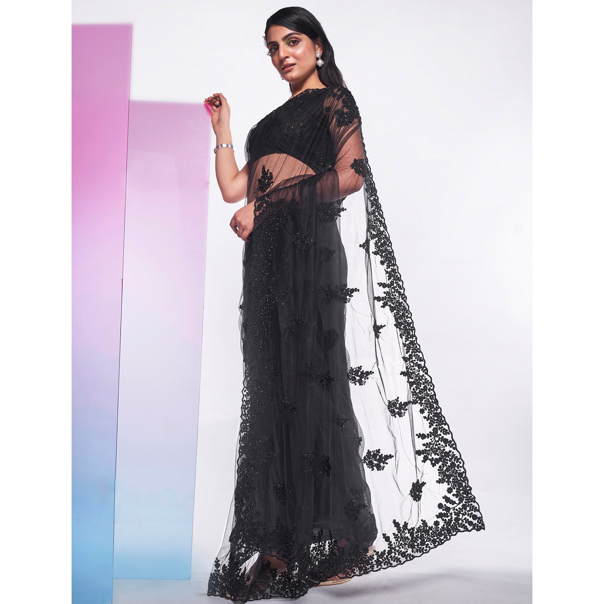 Black Floral Embroidered Net Saree