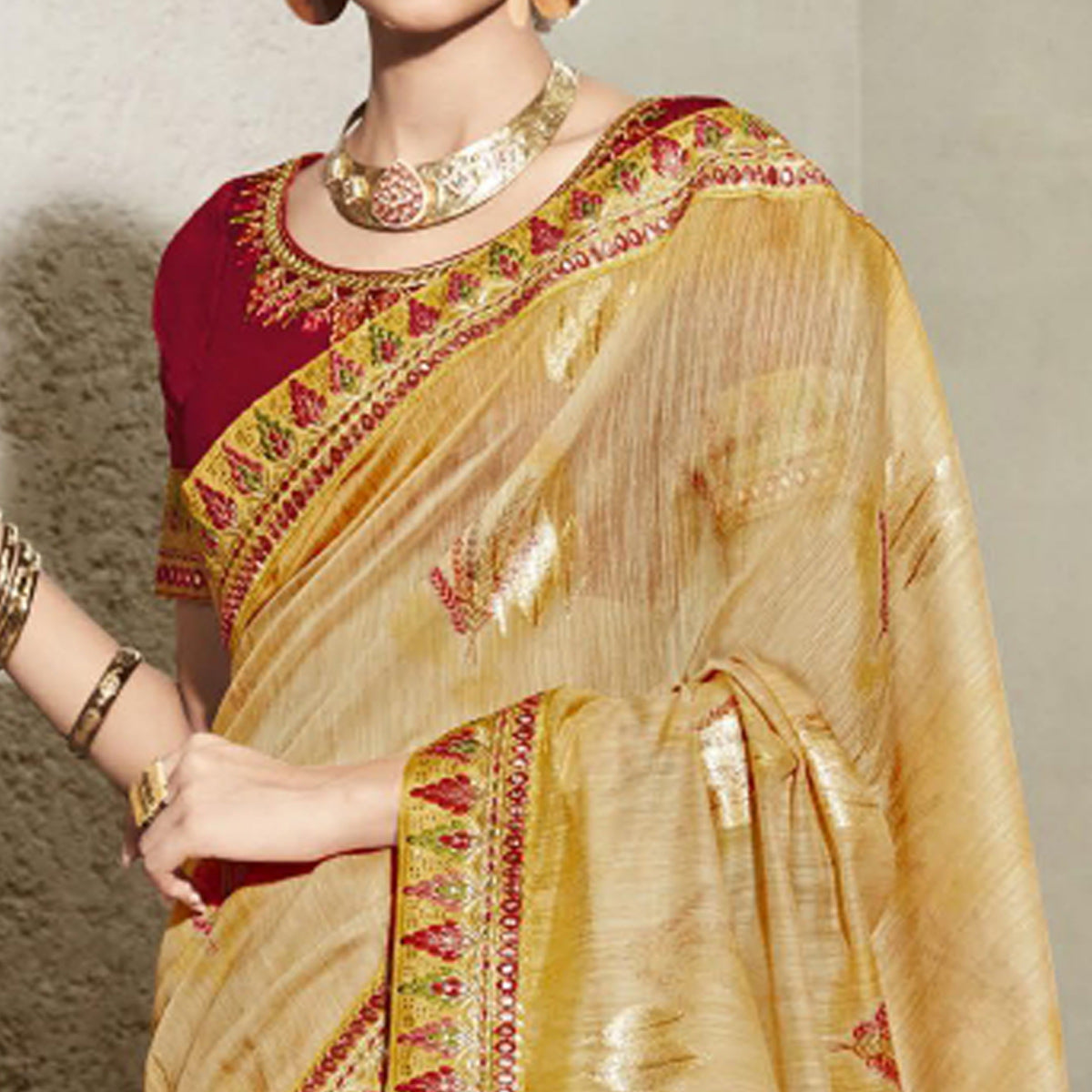Yellow Woven With Embroidered Border Organza Saree