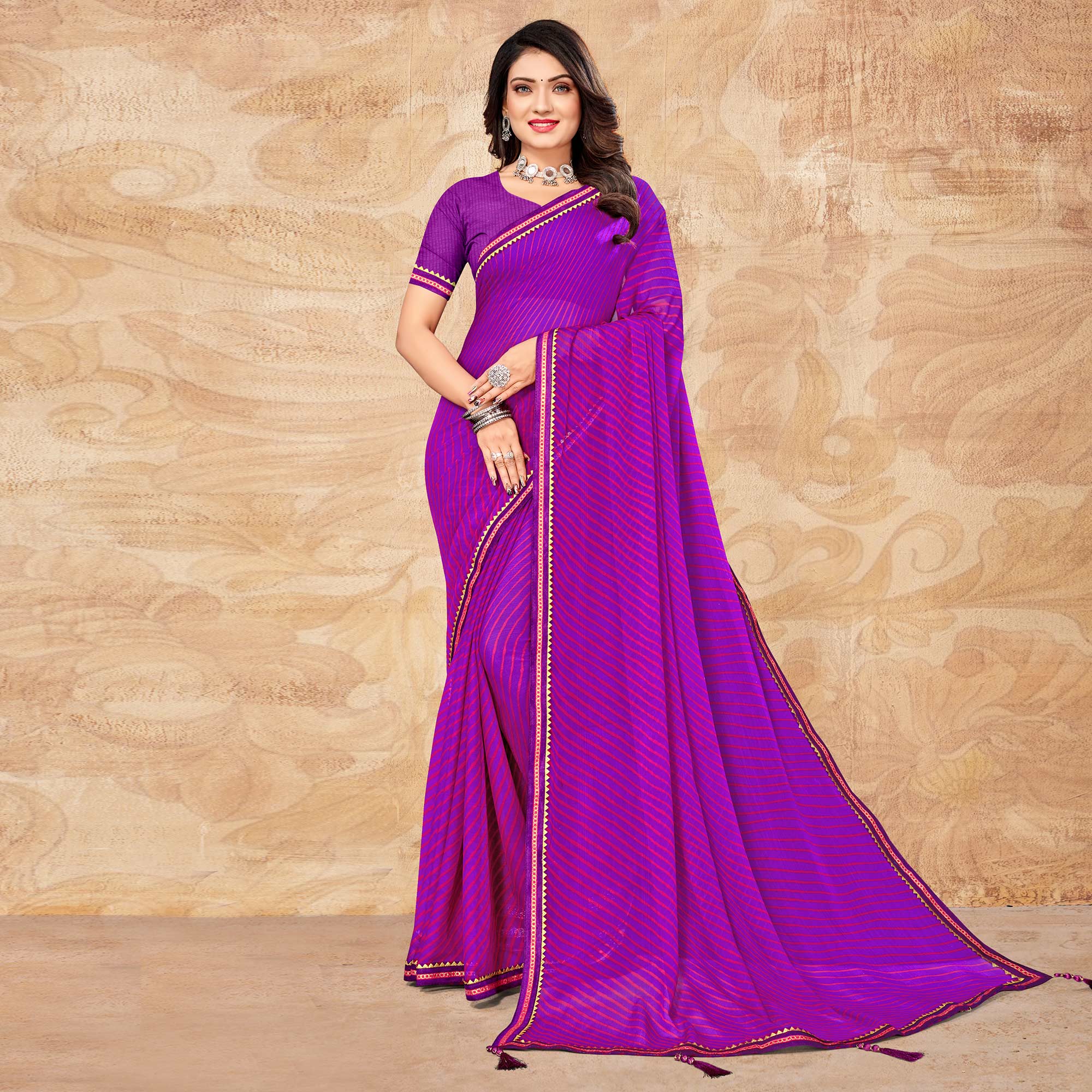 Purple Digital Striped Printed Chiffon Saree With Tassels