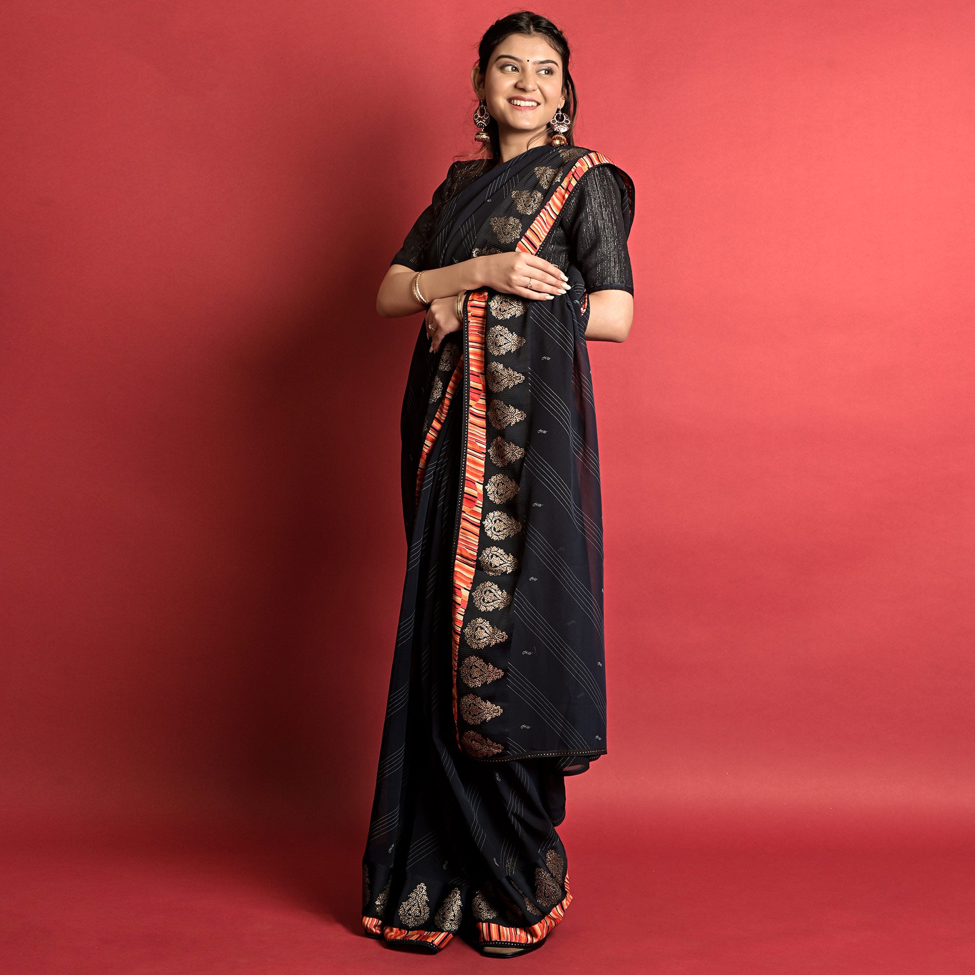 Black Printed Georgette Saree