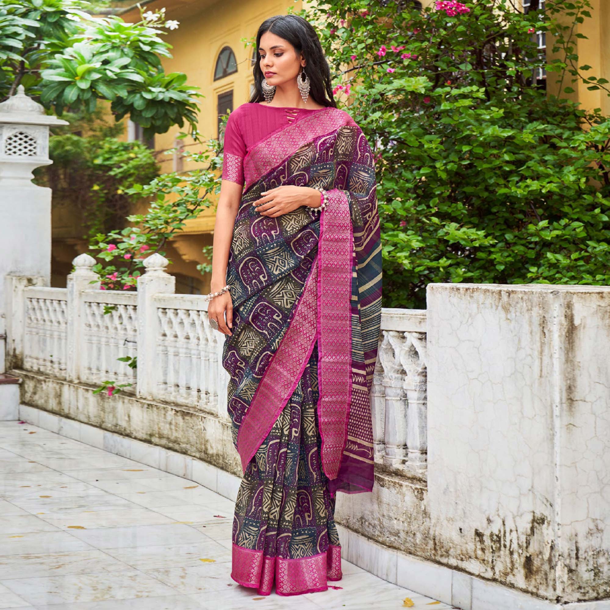 Multicolored Printed With Woven Border Raw Silk Saree