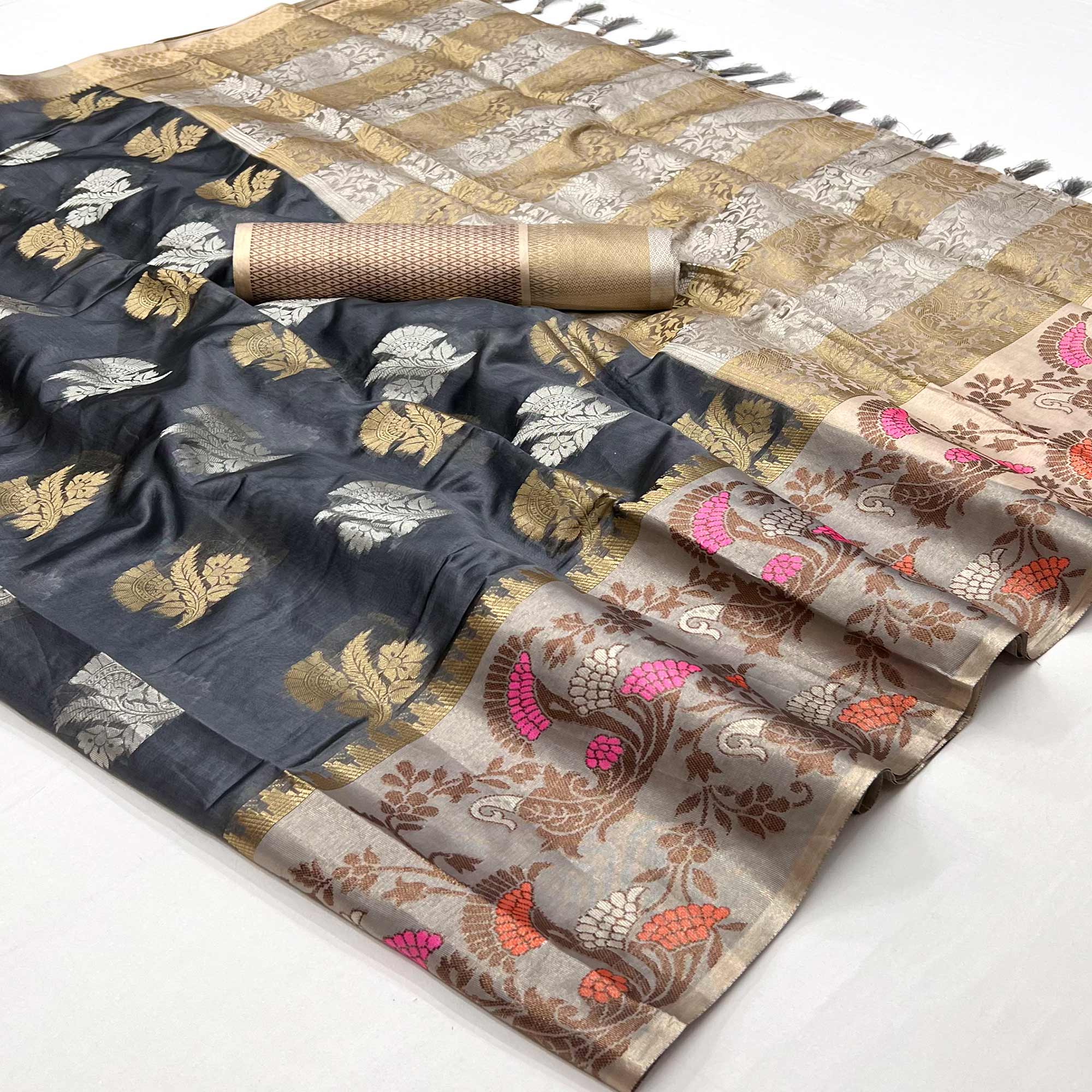 Grey Floral Woven Organza Saree With Tassels