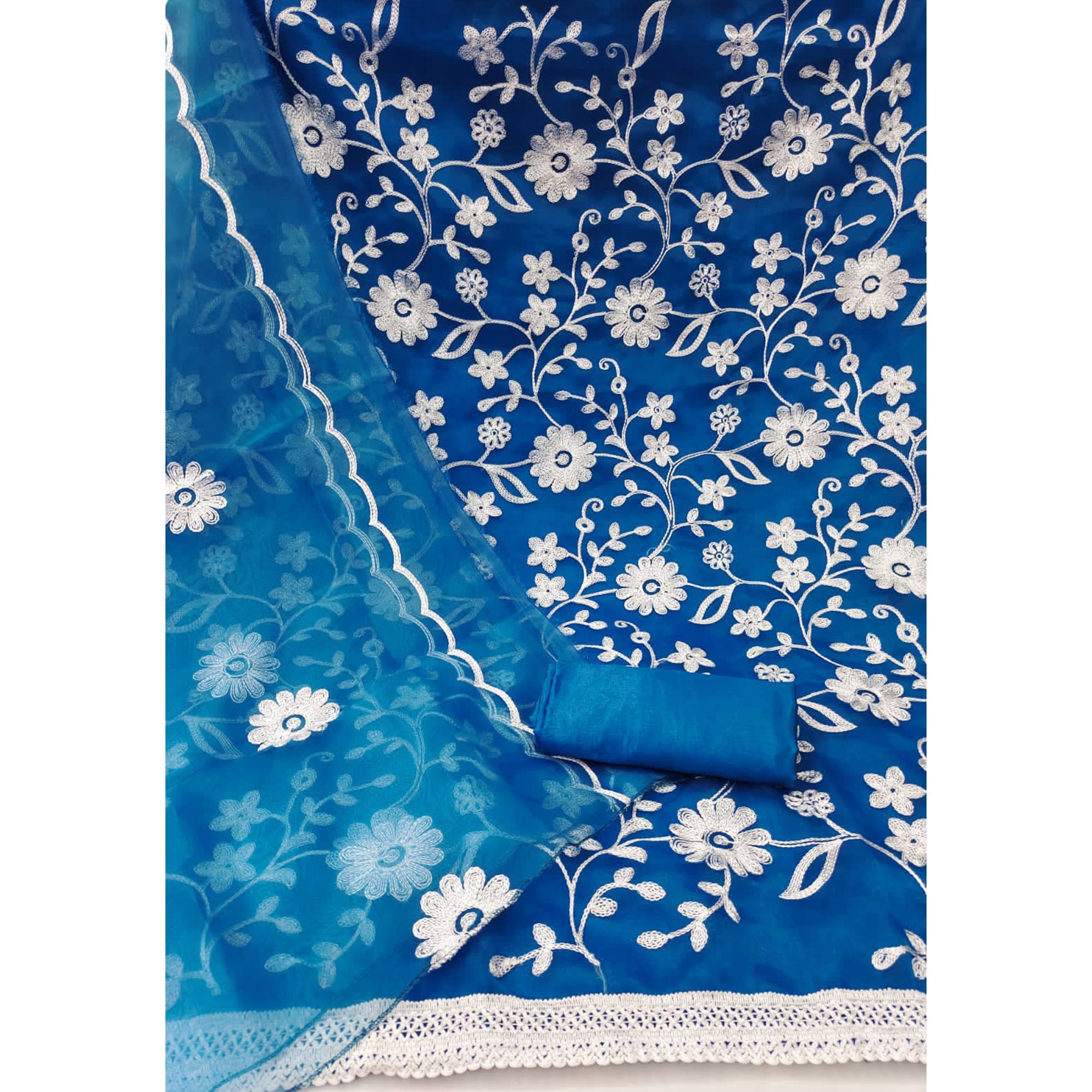 Blue Floral Embroidered Organza Dress Material