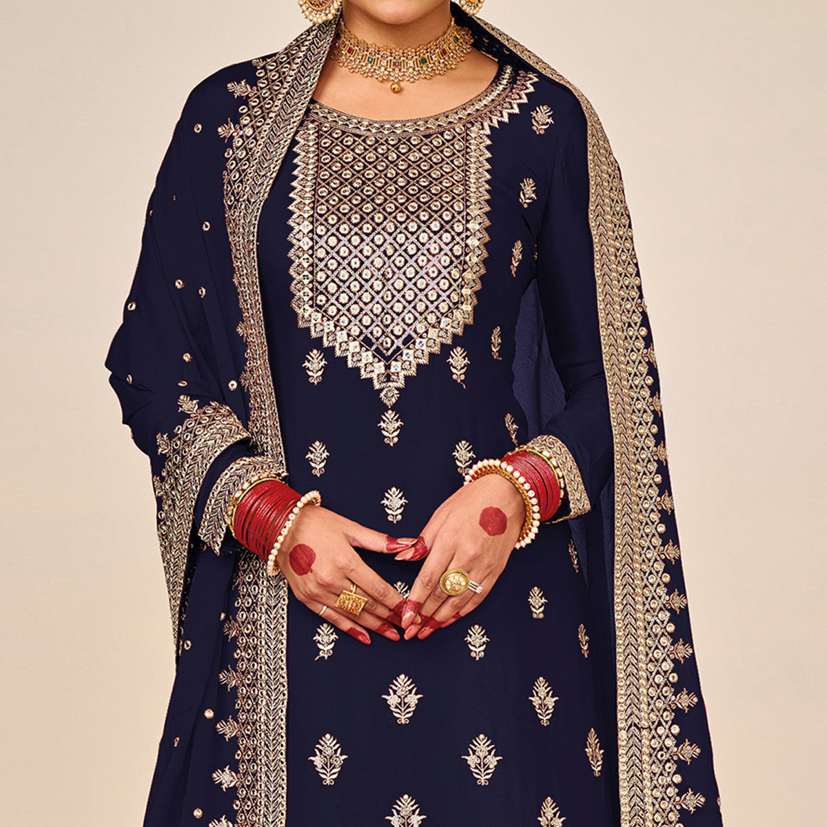 Blue Embroidered Georgette Sharara Suit