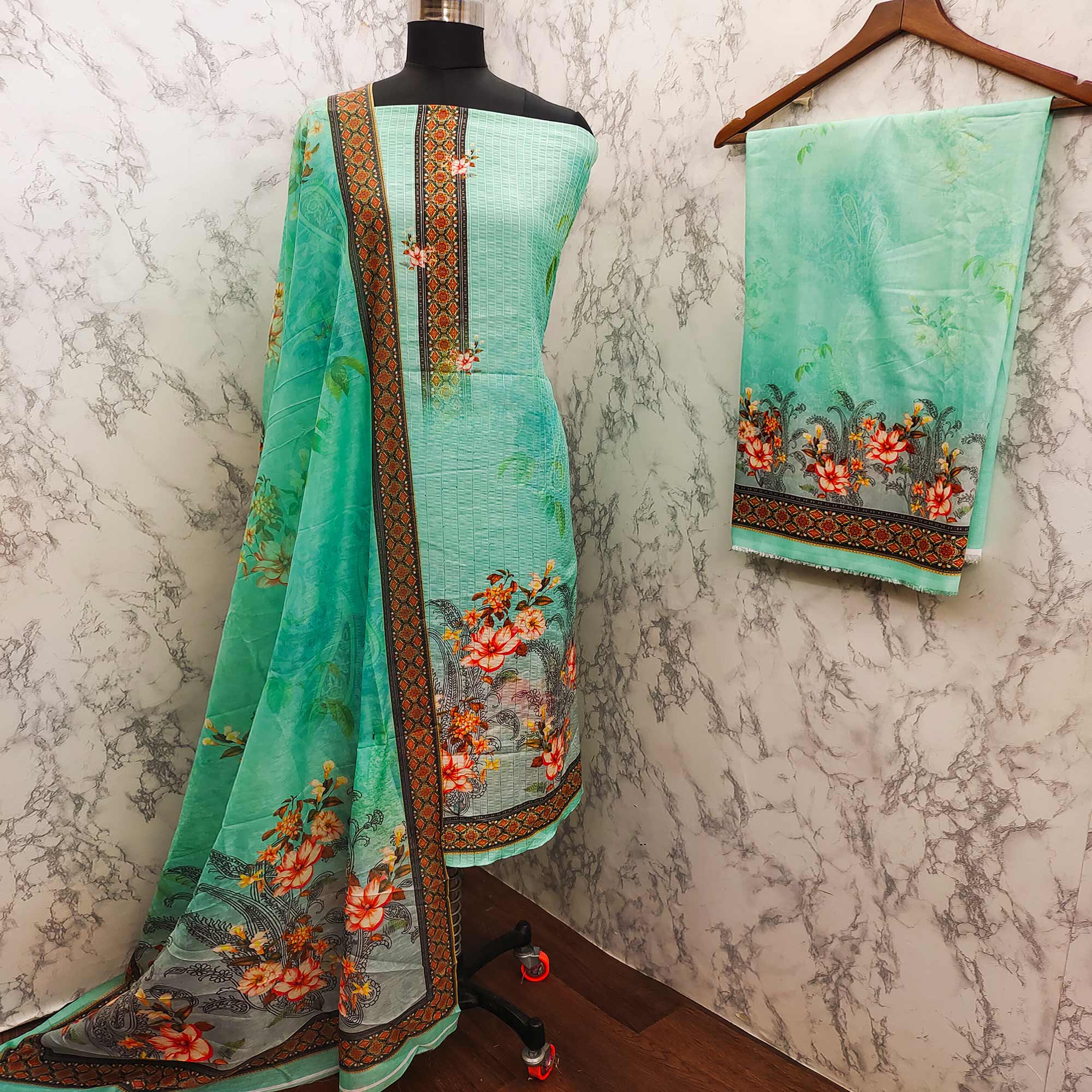 Rama Green Floral Digital Printed Muslin Dress Material