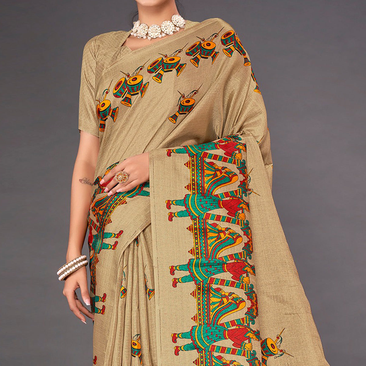 Beige Printed Bhagalpuri Silk Saree