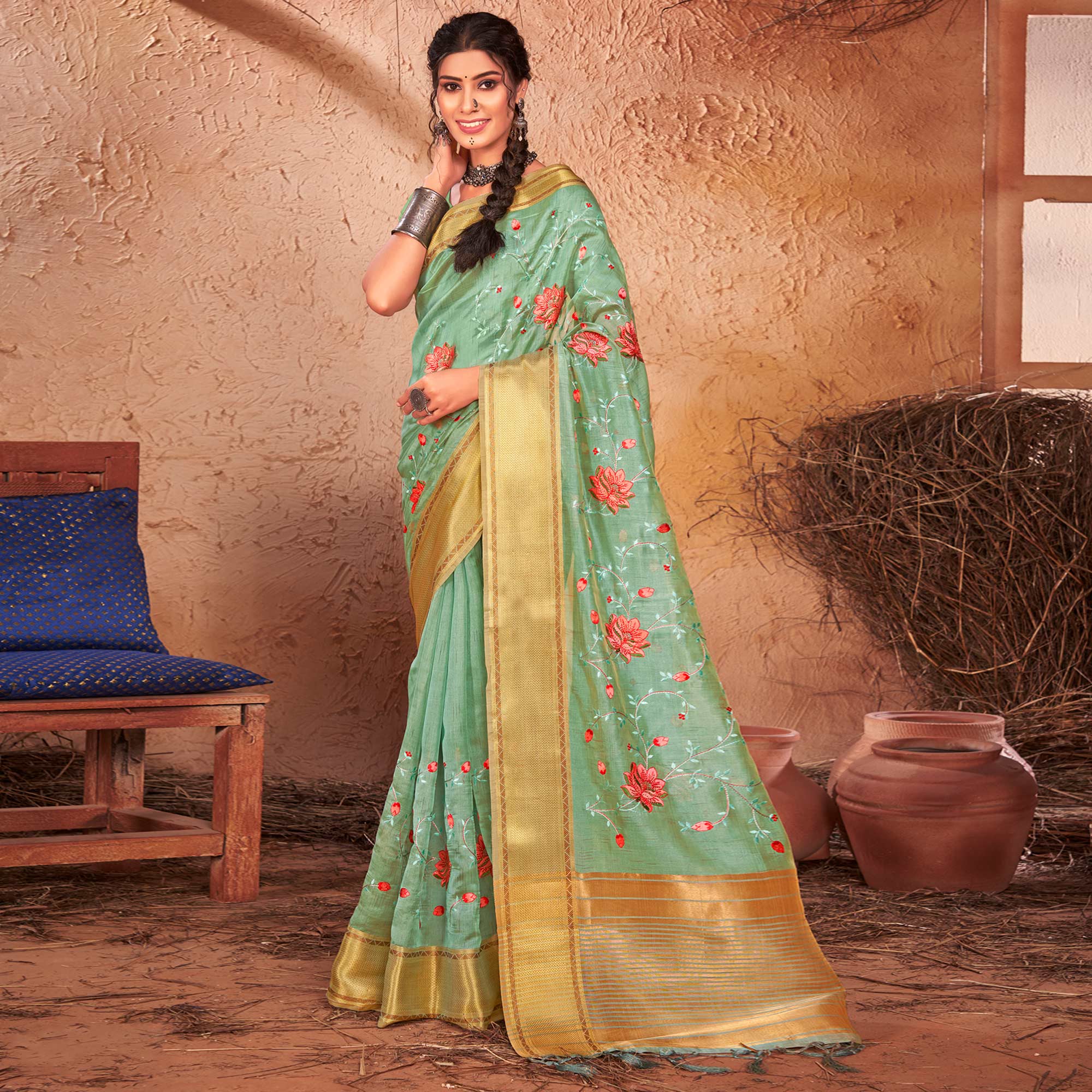 Green Embroidered With Woven Border Organza Saree