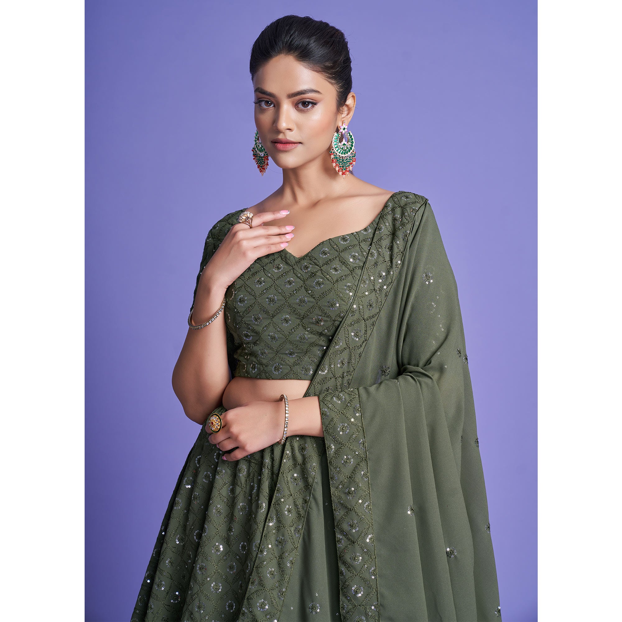 Mahendi Green Sequins Embroidered Georgette Lehenga Choli