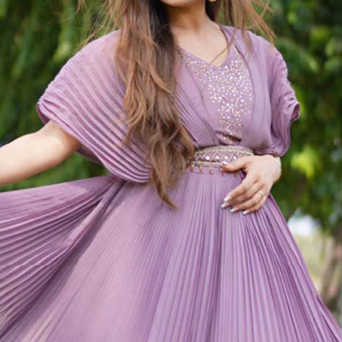 Light Purple Embellished Georgette Gown With Belt