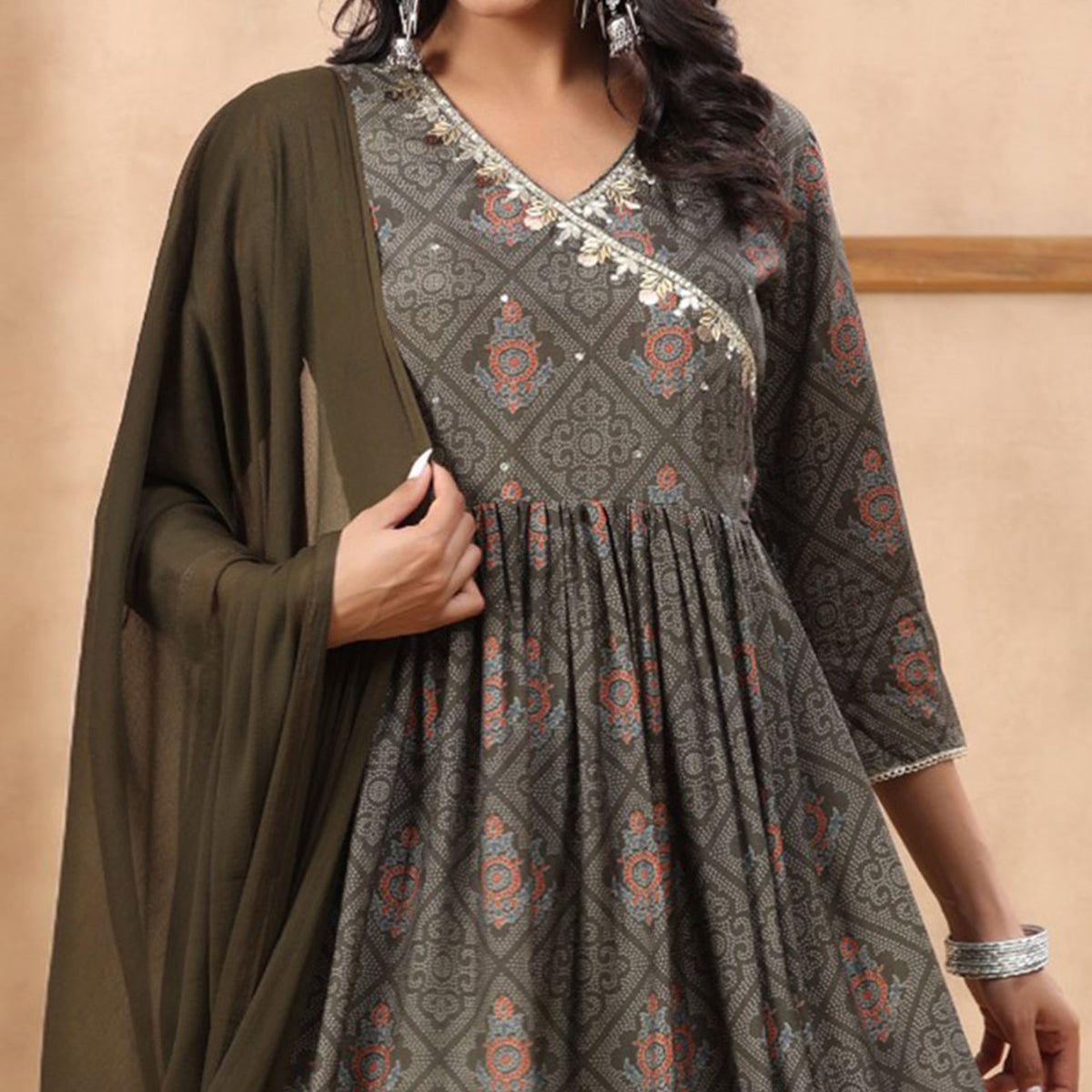 Grey Jaipuri Printed With Sequins Work Muslin Anarkali Suit