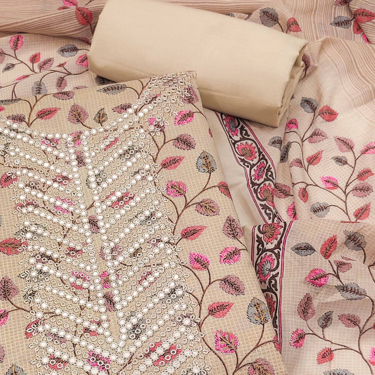 Chikoo Floral Printed-Mirror Work Pure Cotton Dress Material