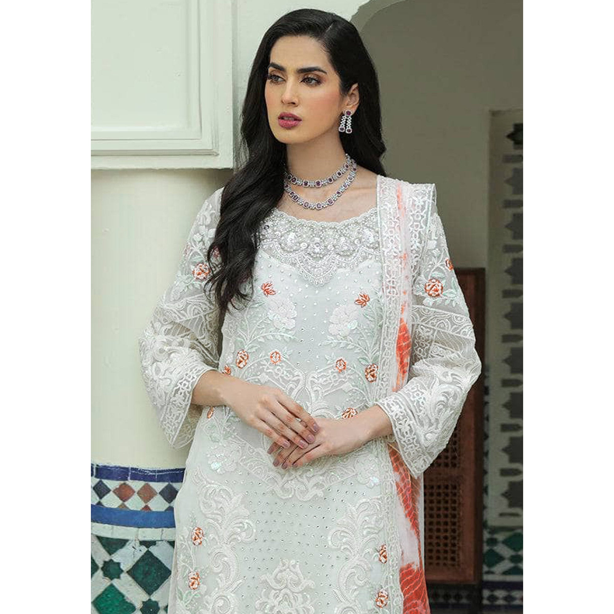 White Sequins Embroidered Georgette Pakistani Suit