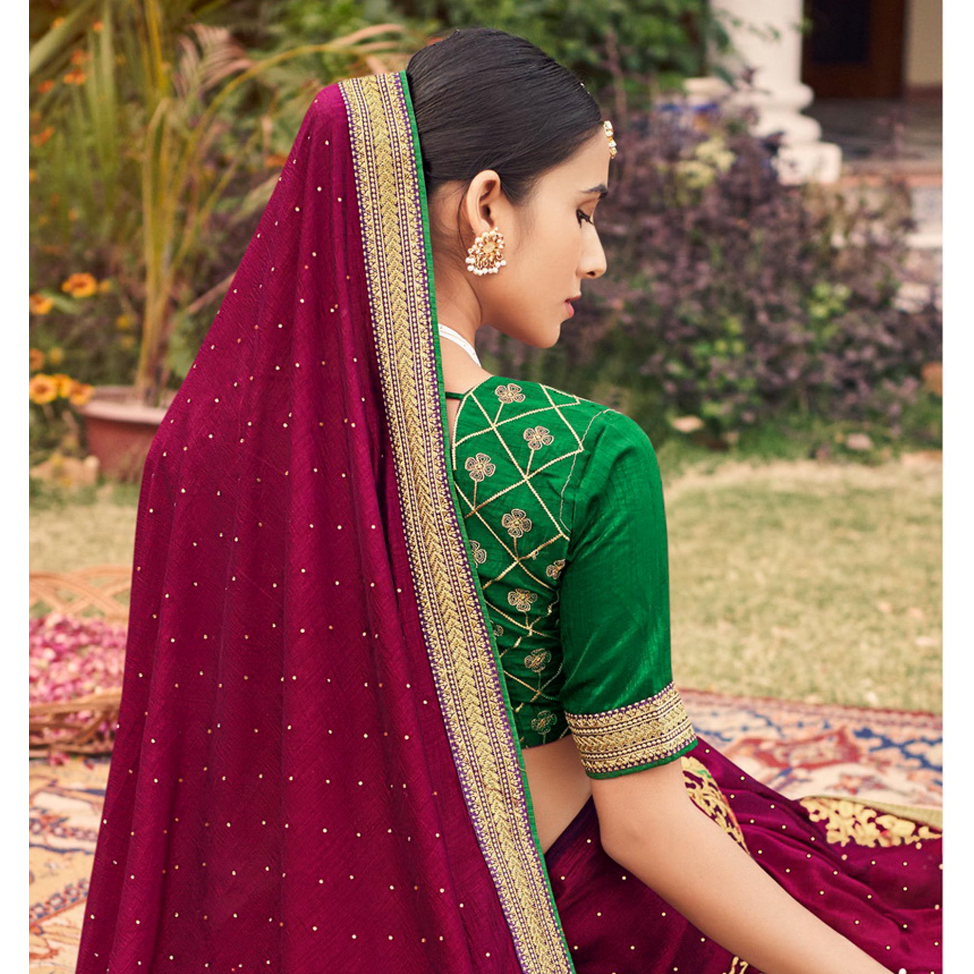 Purple Embroidered With Stone Work Vichitra Silk Saree