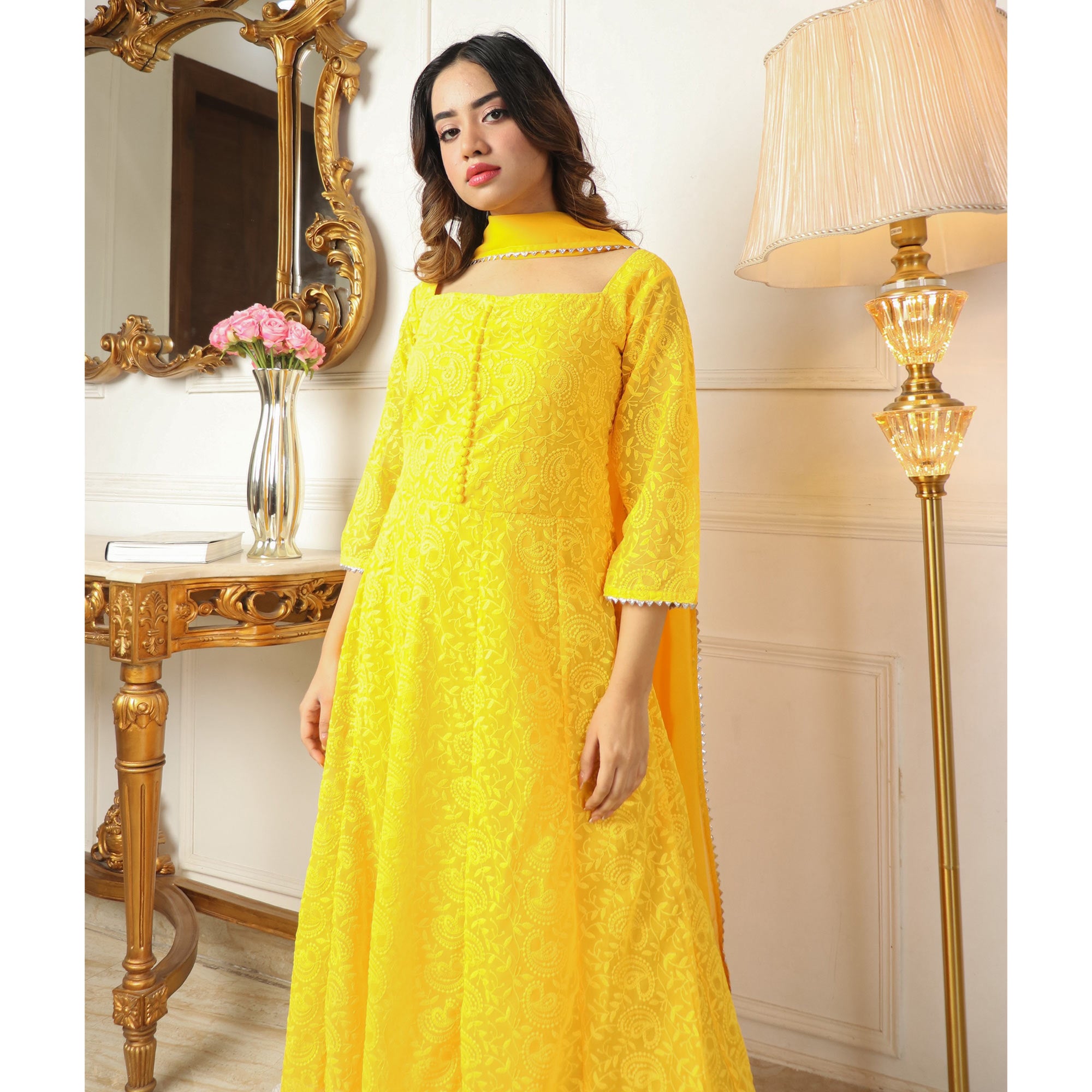 Yellow Chikankari Work Georgette Anarkali Suit