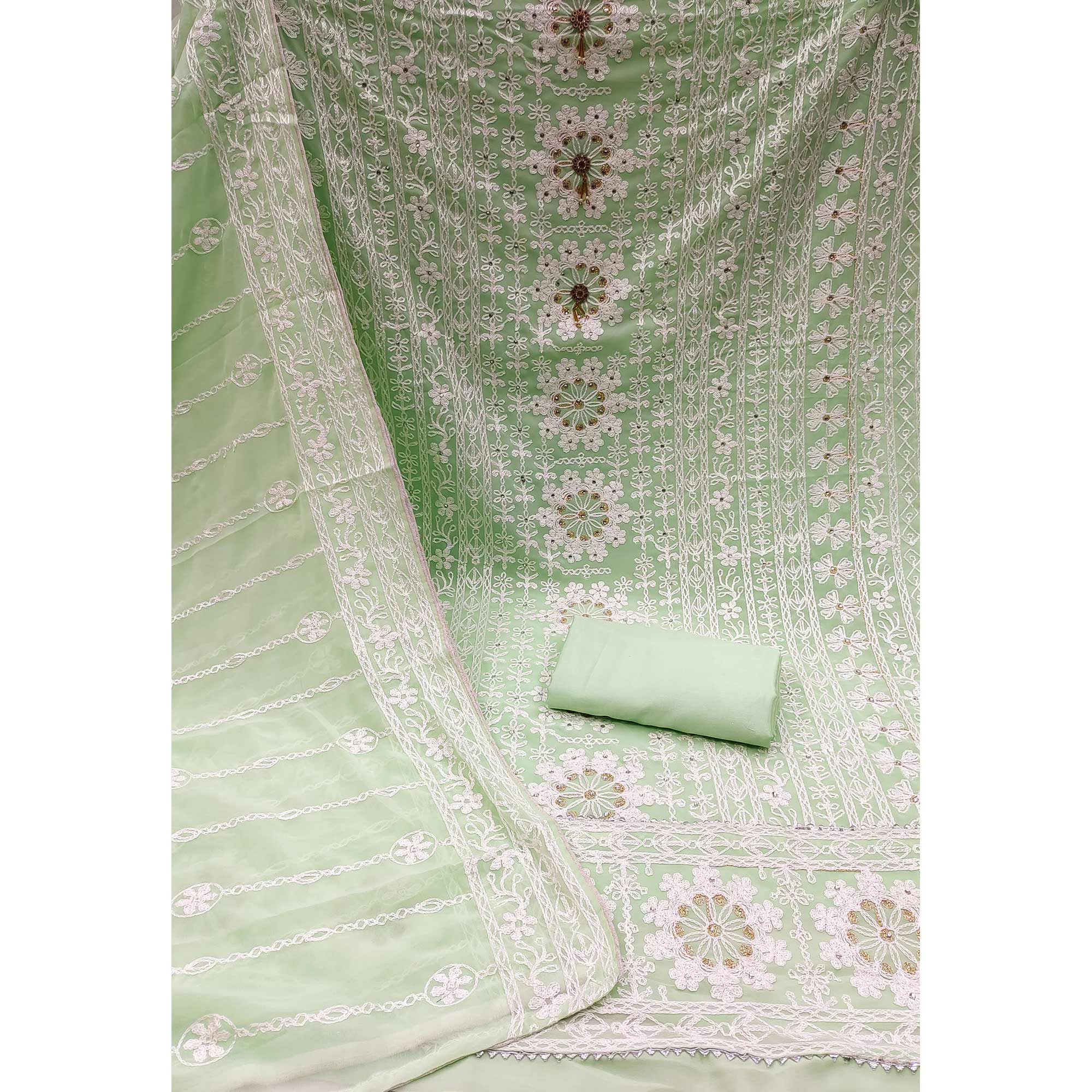 Green Lucknowi Embroidered Georgette Dress Material