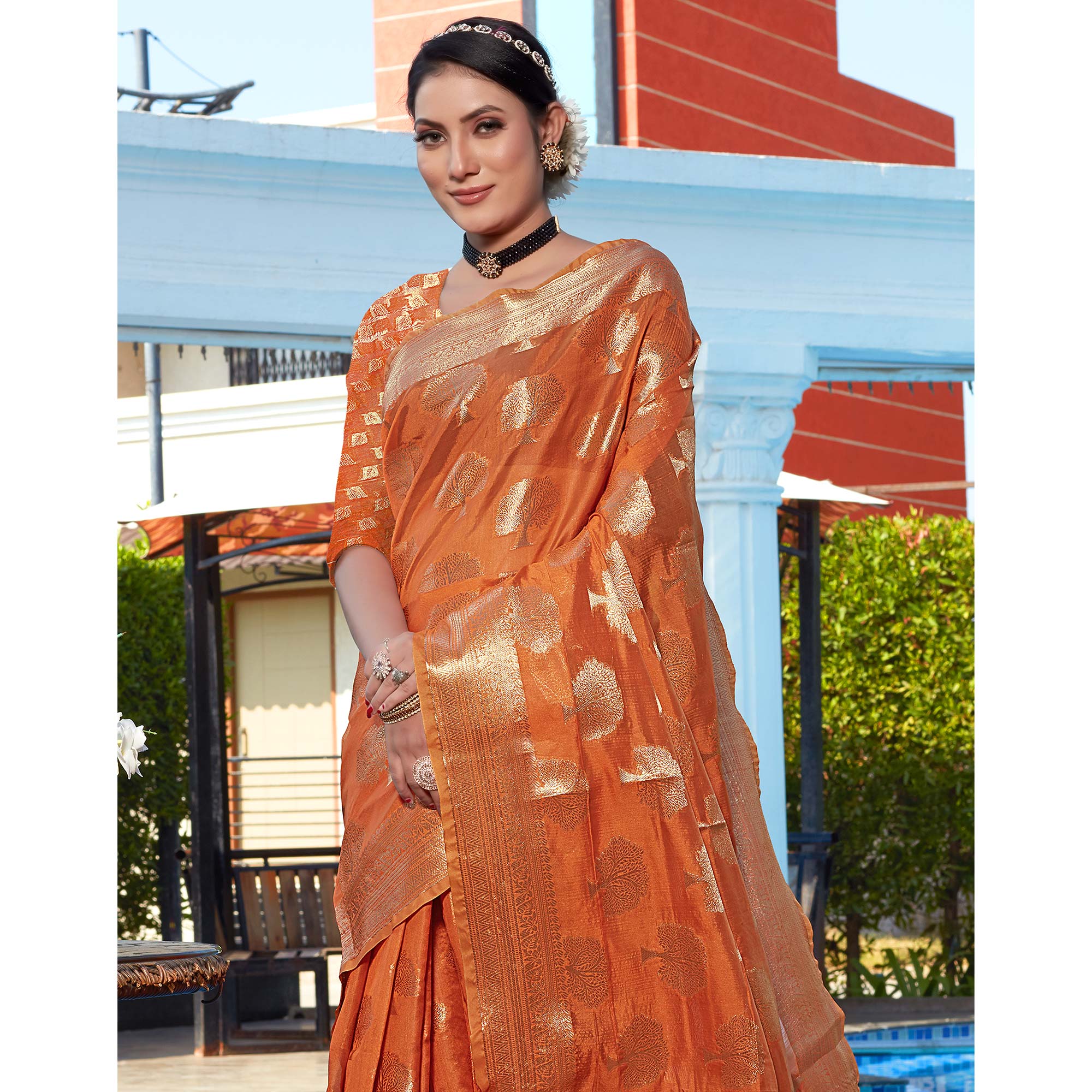 Orange Woven Organza Saree