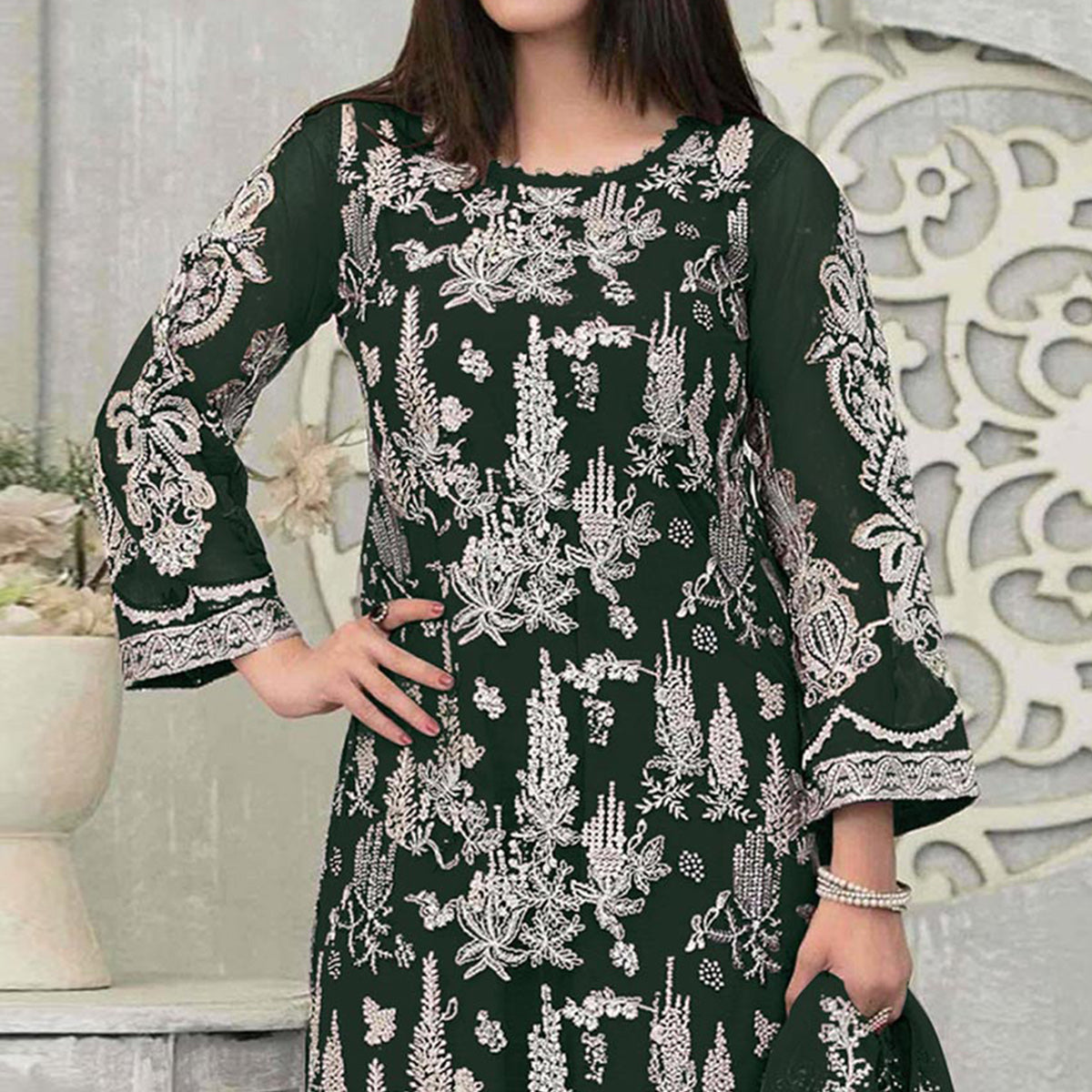Green Floral Embroidered Georgette Pakistani Suit