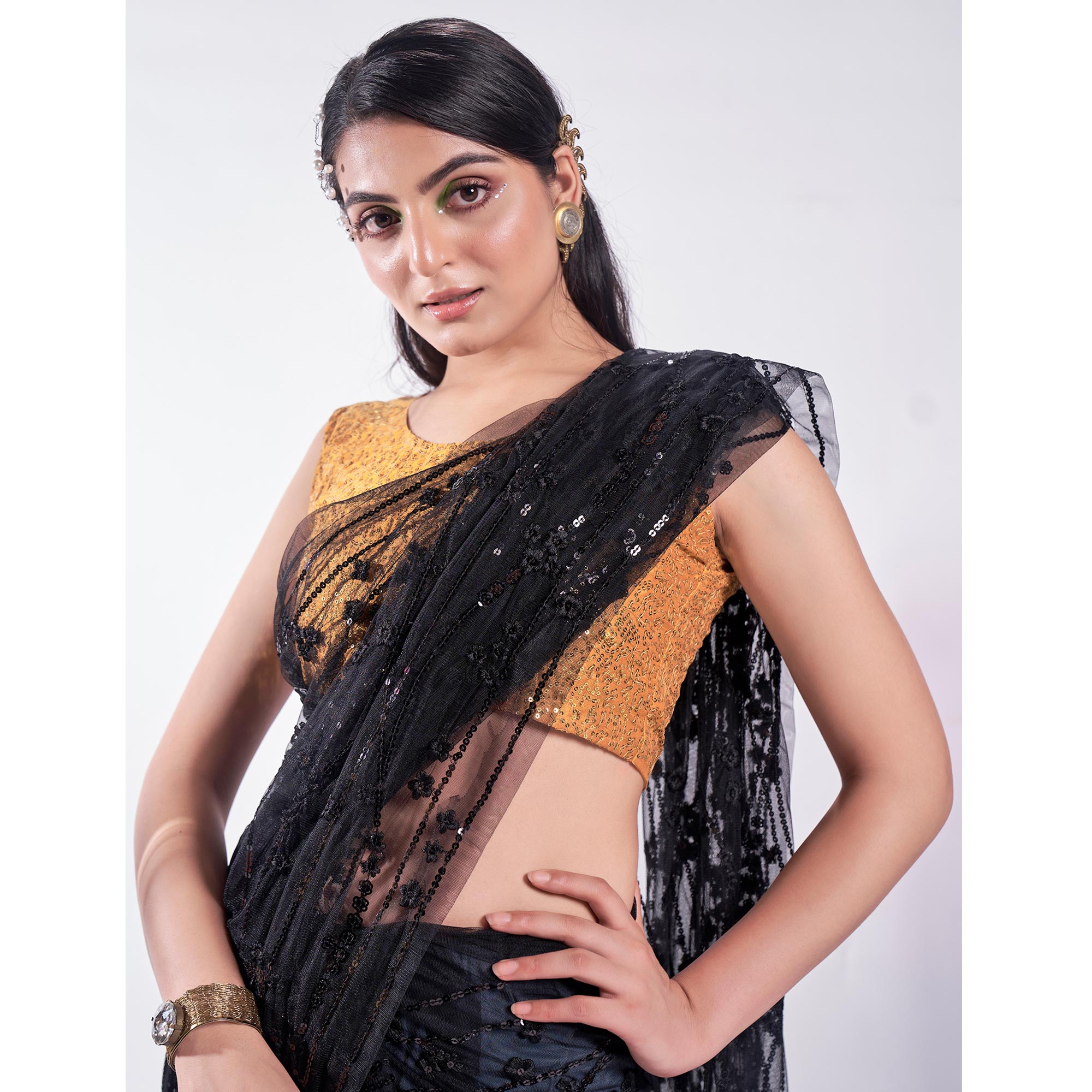 Black Floral Sequins Embroidered Soft Net Saree