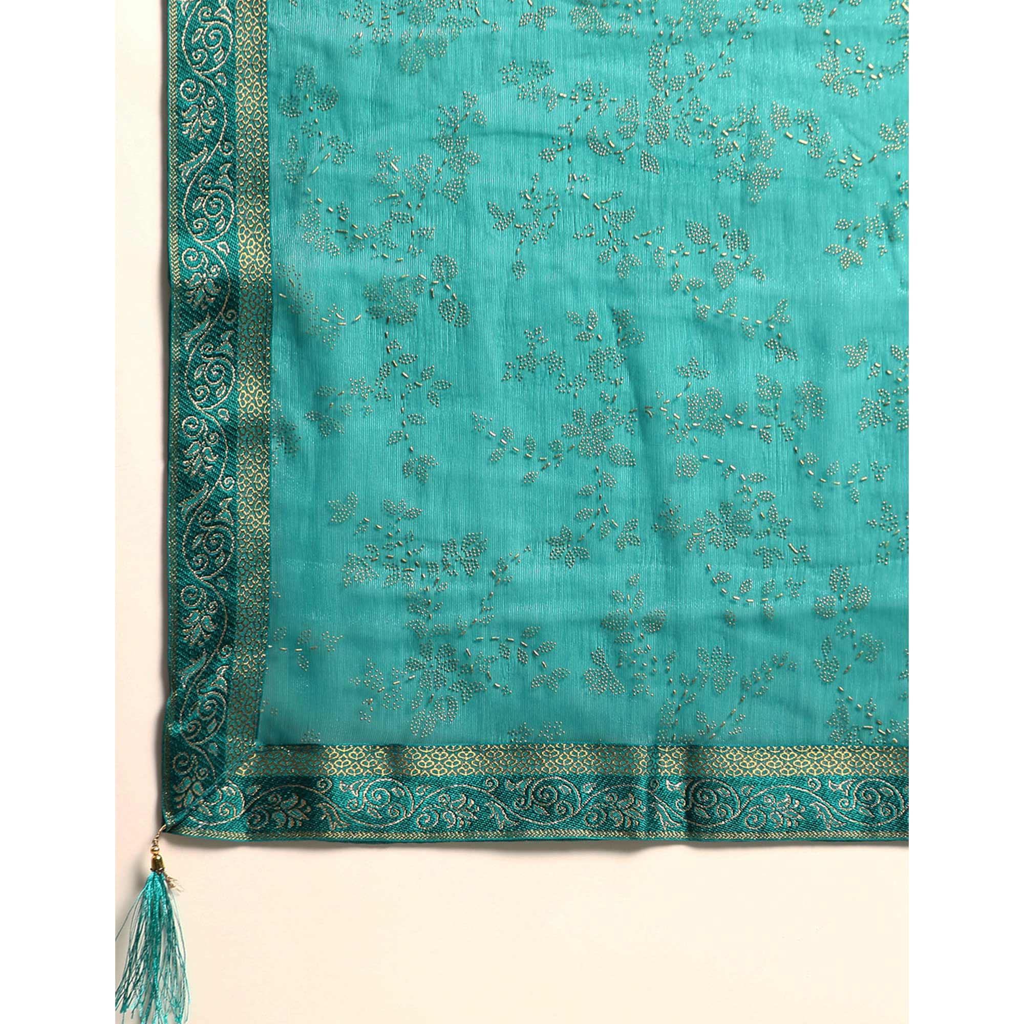 Turquoise Green Floral Foil Printed Shimmer Saree