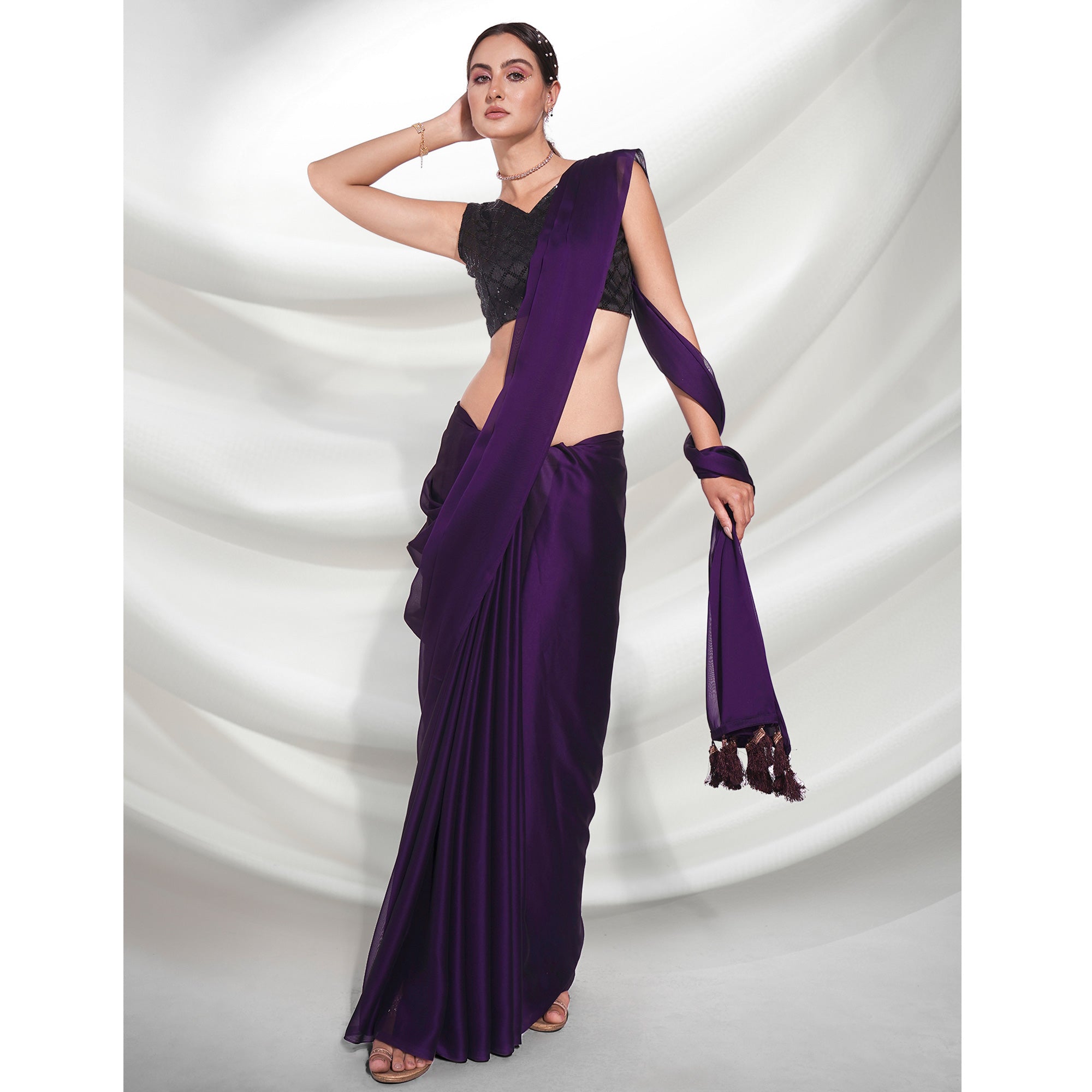 Dark Violet Solid Georgette Saree