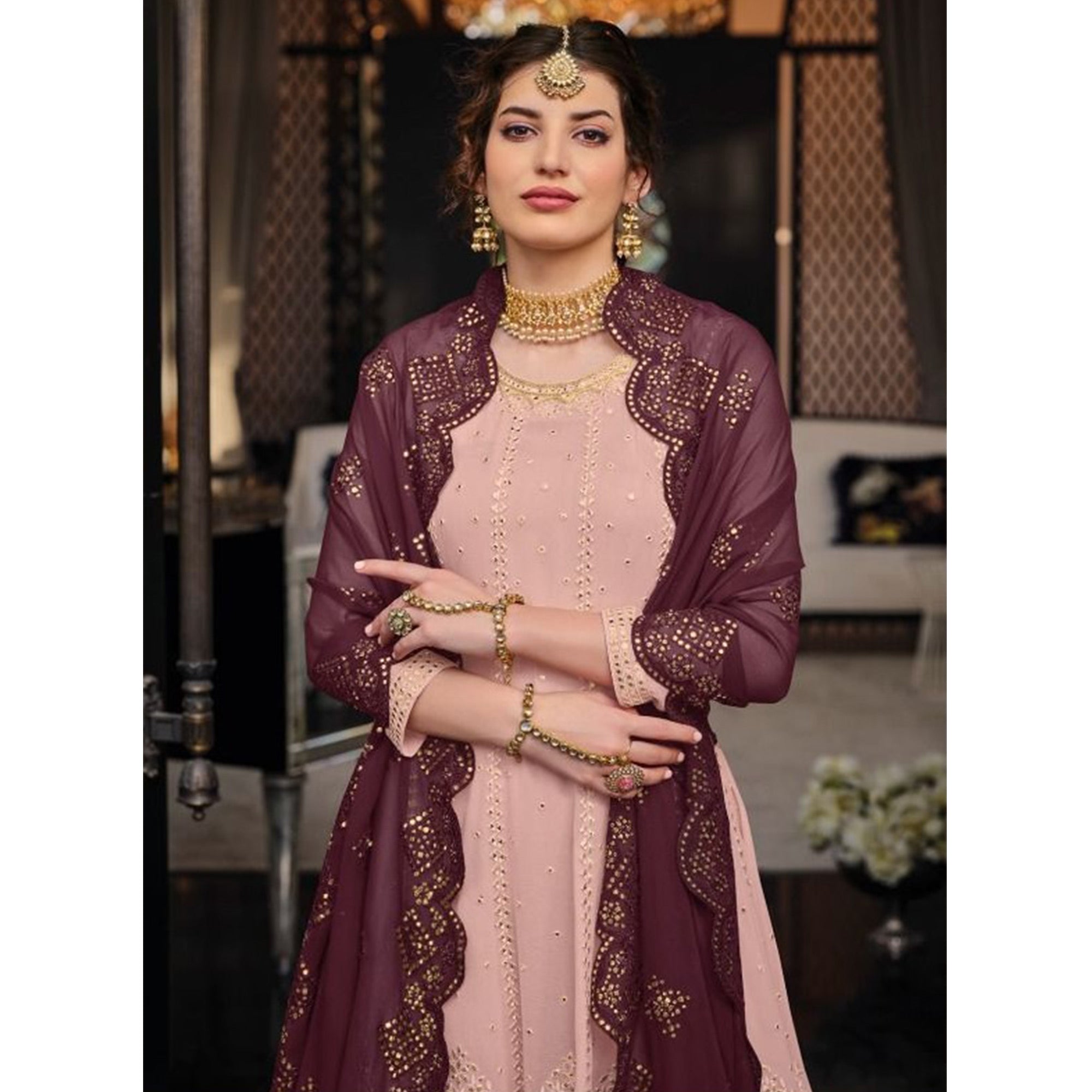 Peach Mirror Embroidered Georgette Sharara Suit