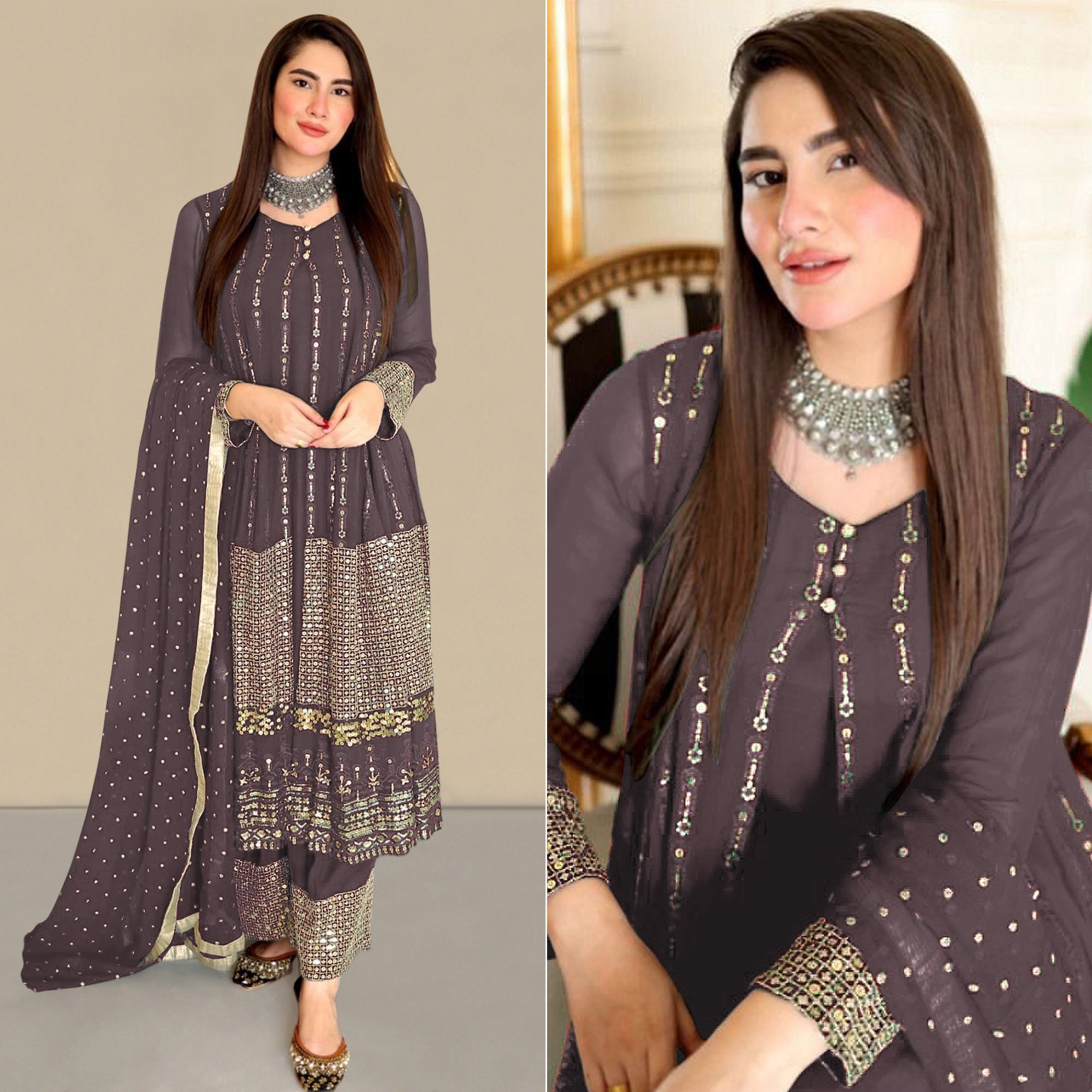 do brown dress shoes go with everything Brown Sequins Embroidered Georgette Pakistani Suit