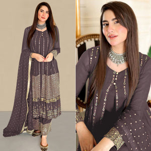 Brown Sequins Embroidered Georgette Pakistani Suit
