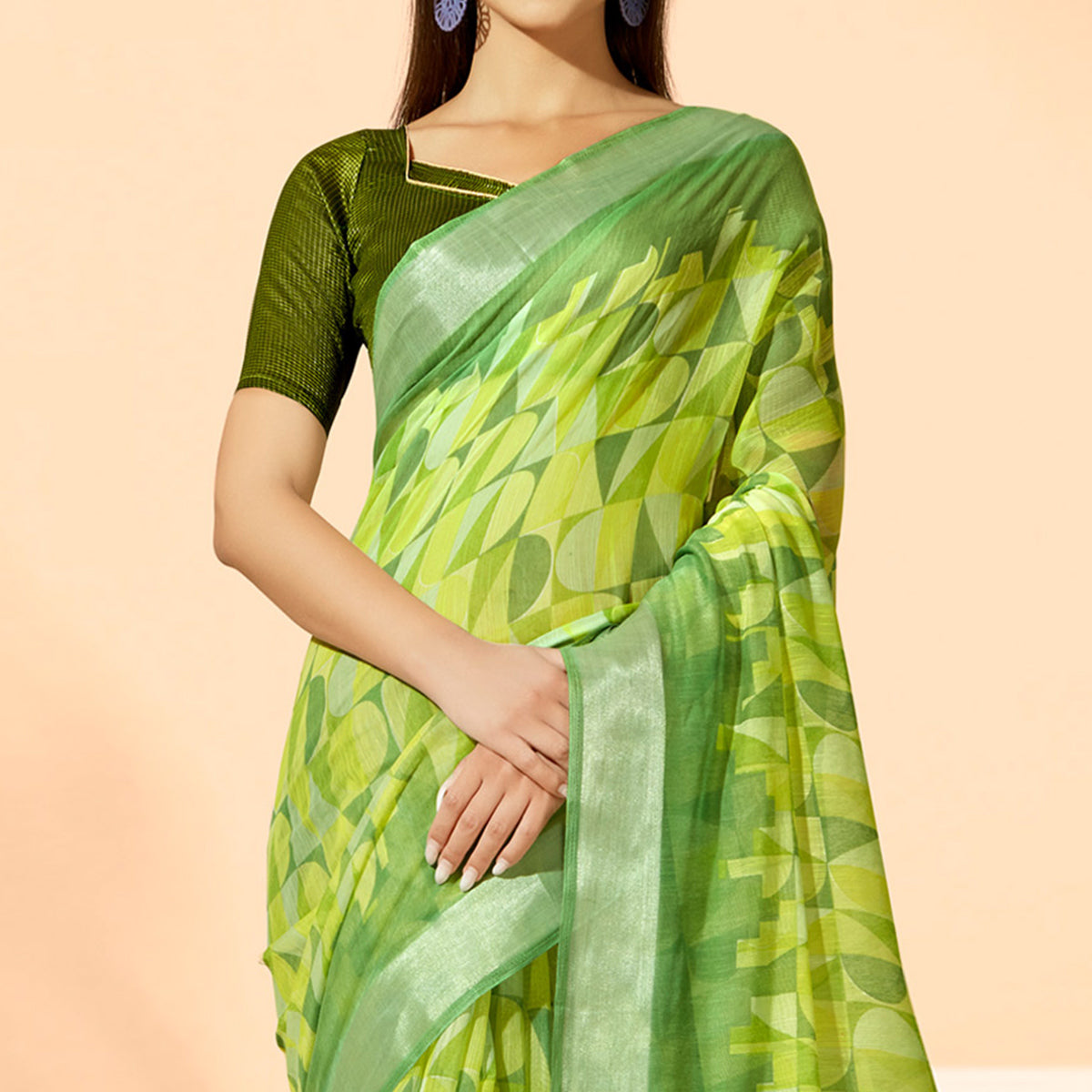 Green Printed Cotton Silk Saree With Tassels