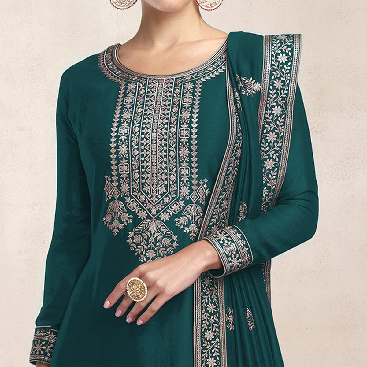 Green Embroidered Dola Silk Salwar Suit