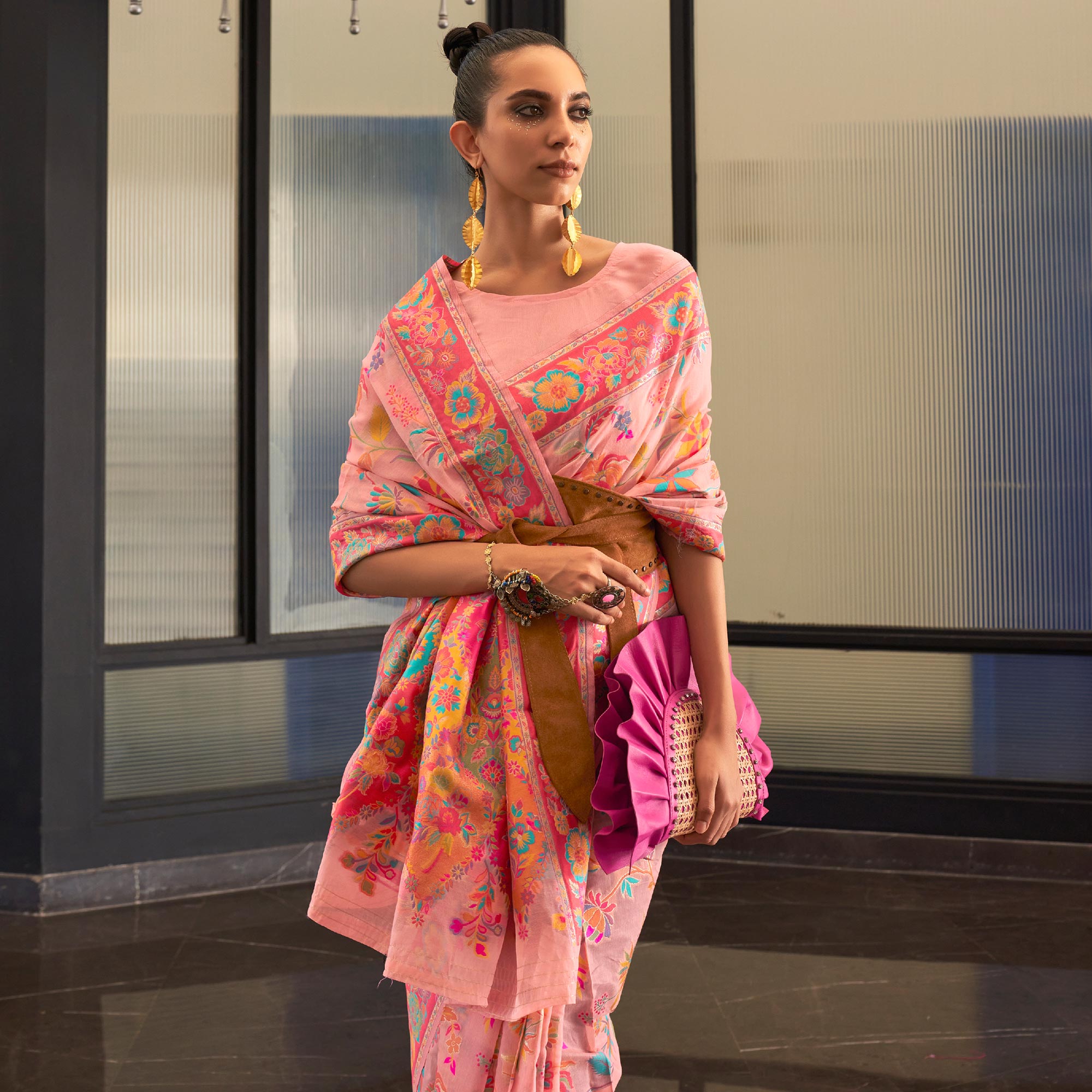 Peach Floral Woven Modal Saree