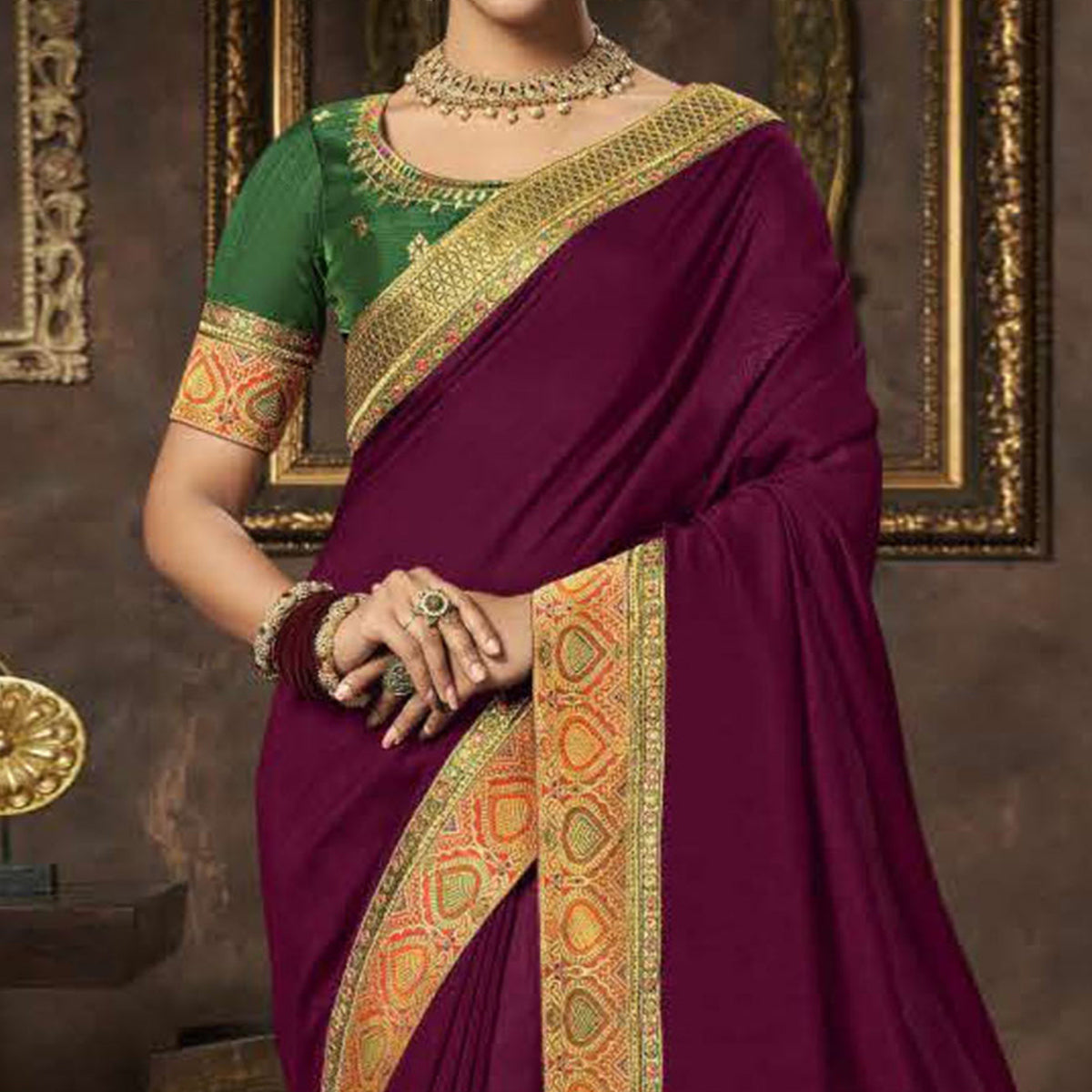Purple Solid With Woven Border Vichitra Silk Saree