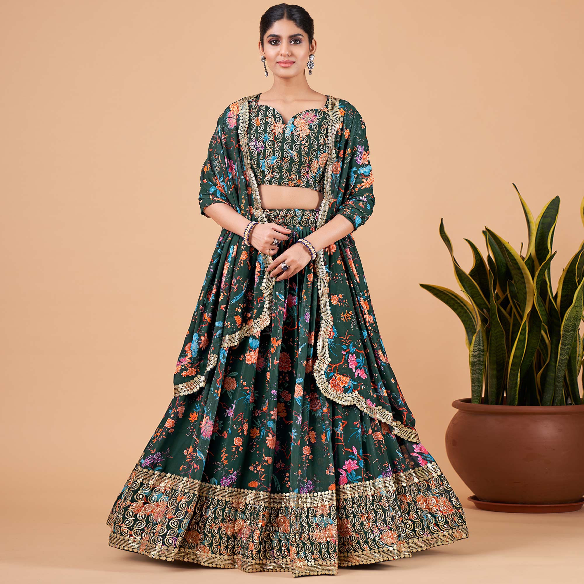 Green Floral Printed And Sequins Work Georgette Lehenga Choli