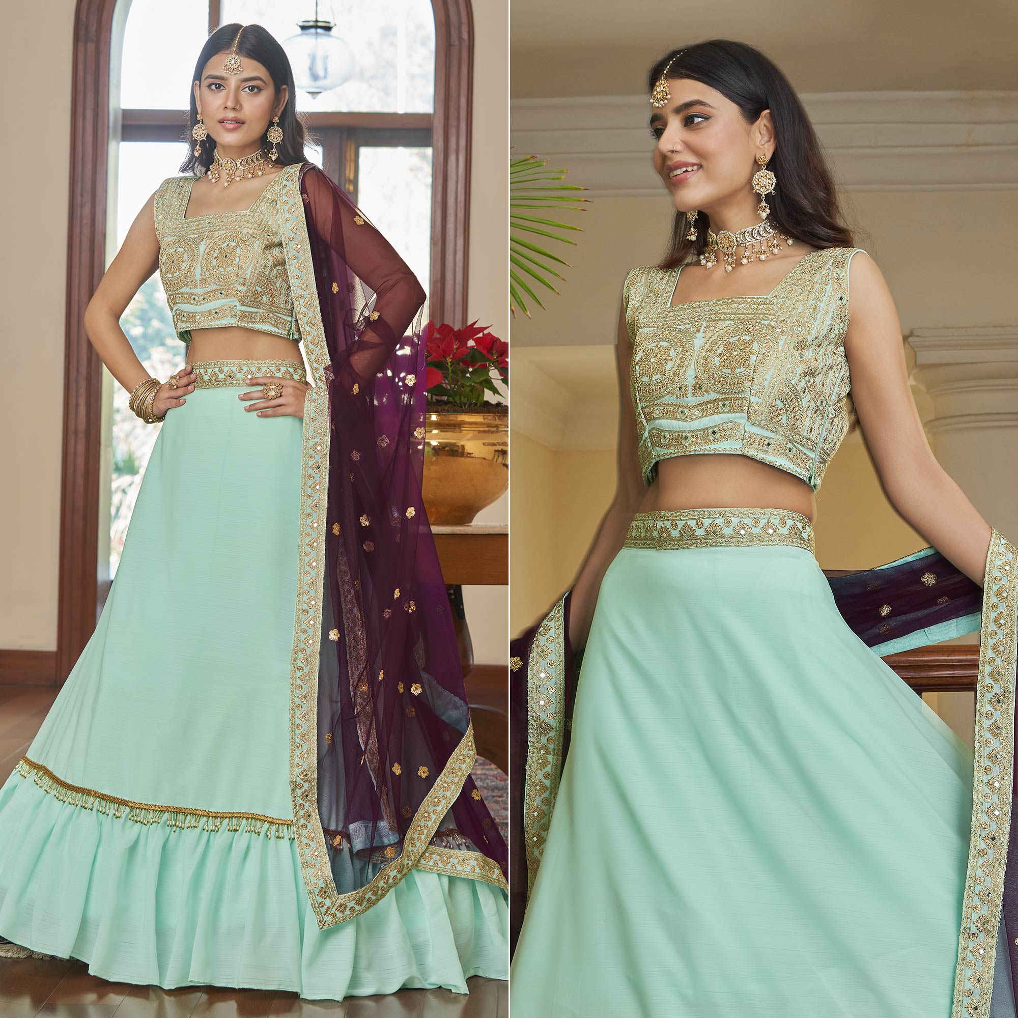 Light Aqua Green Embroidered Art Silk Lehenga Choli