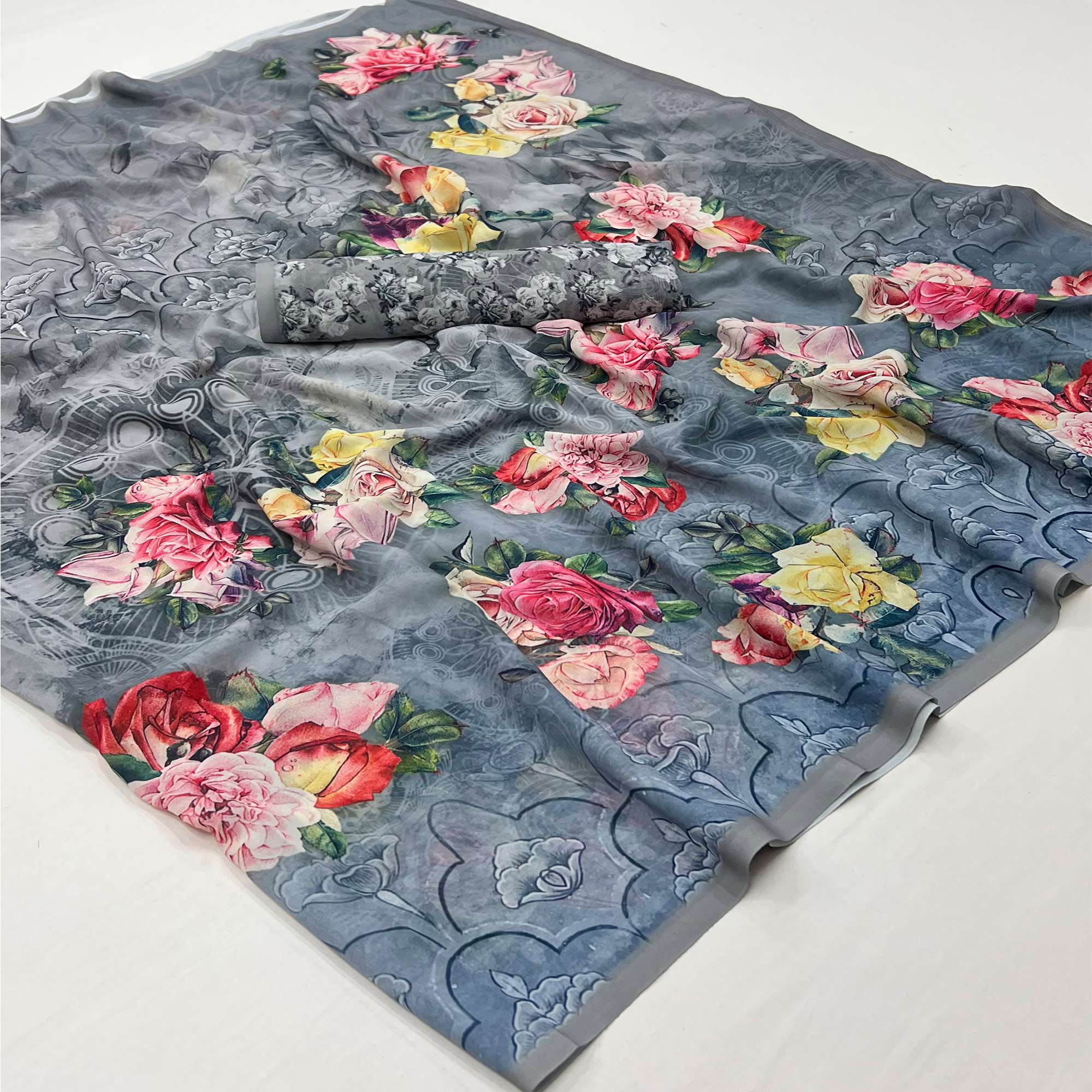 Grey Digital Floral Printed Georgette Saree