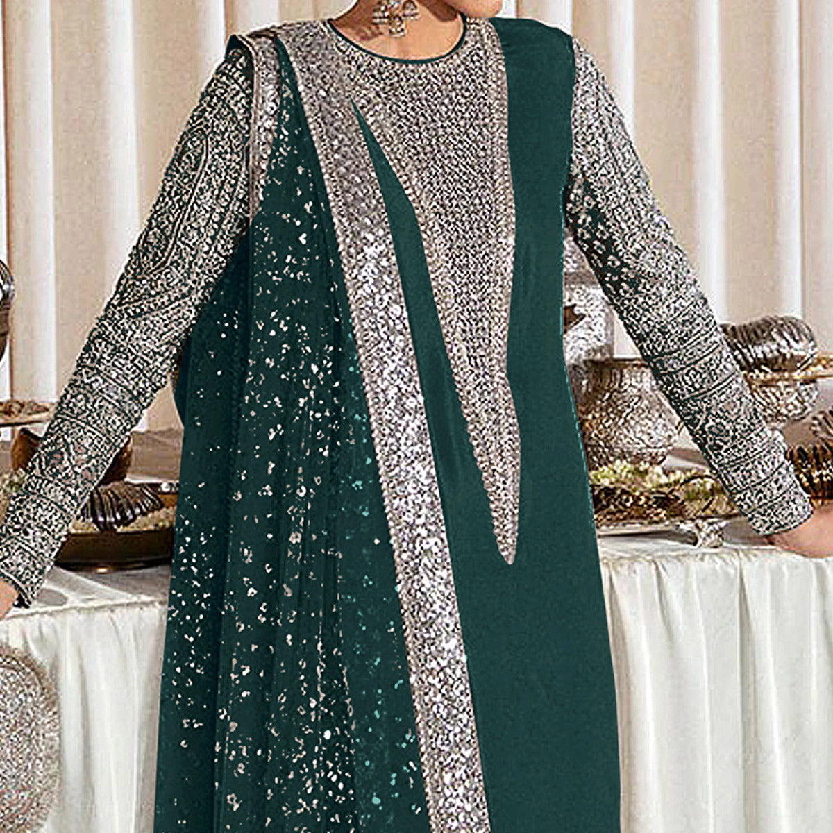 Green Sequins Embroidered Georgette Pakistani Suit