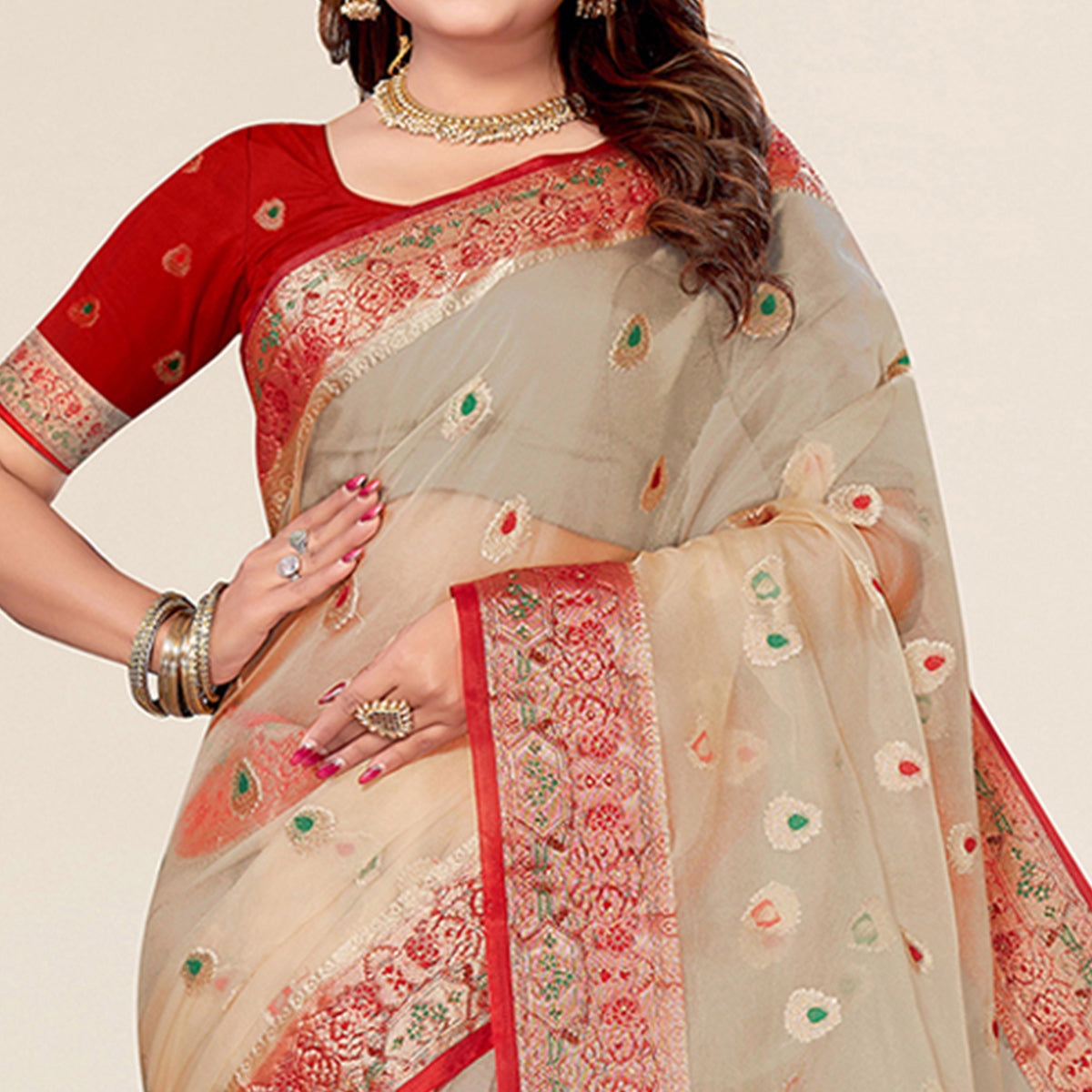 Beige Woven Organza Saree With Tassels