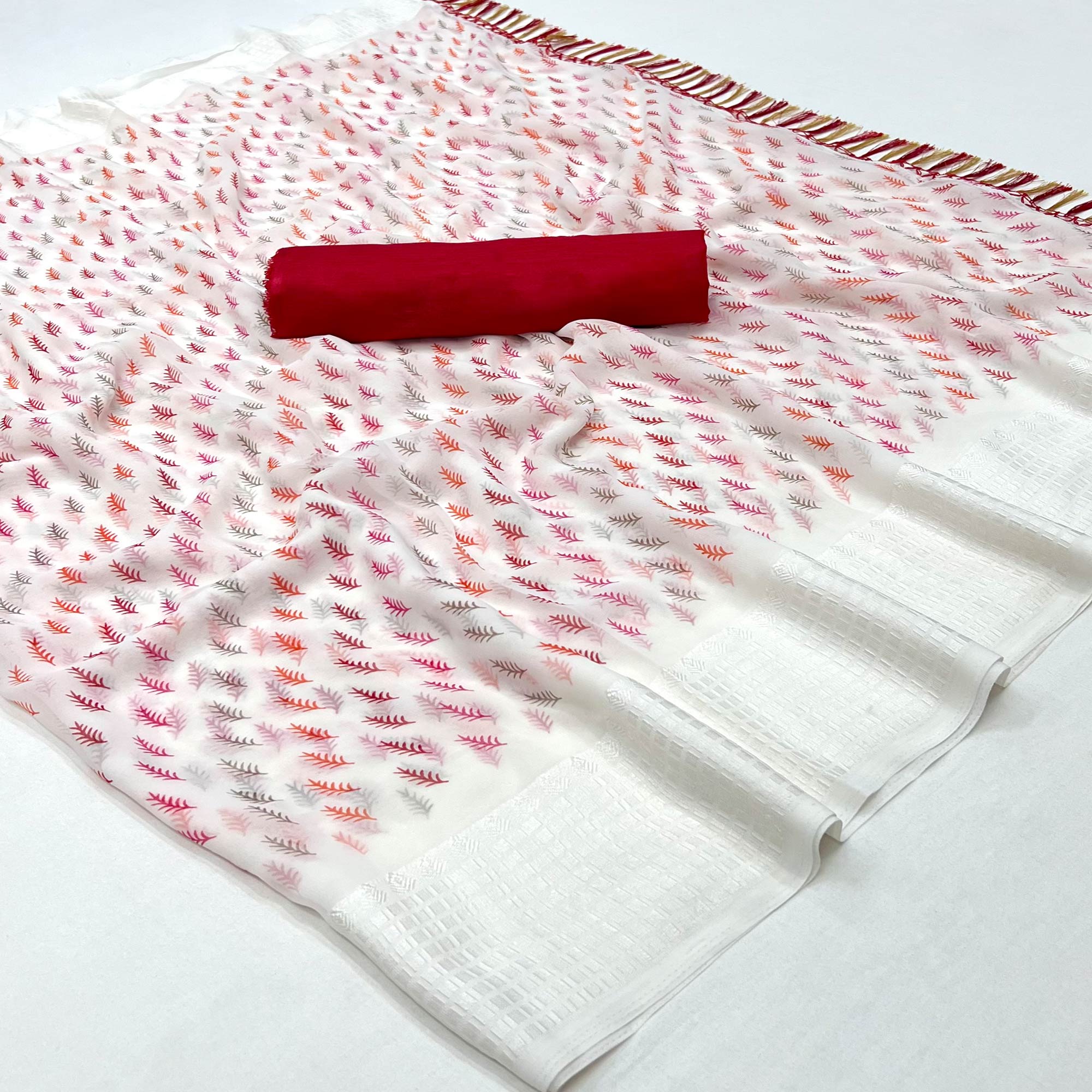 White Printed With Checks Border Georgette Saree