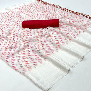 White Printed With Checks Border Georgette Saree